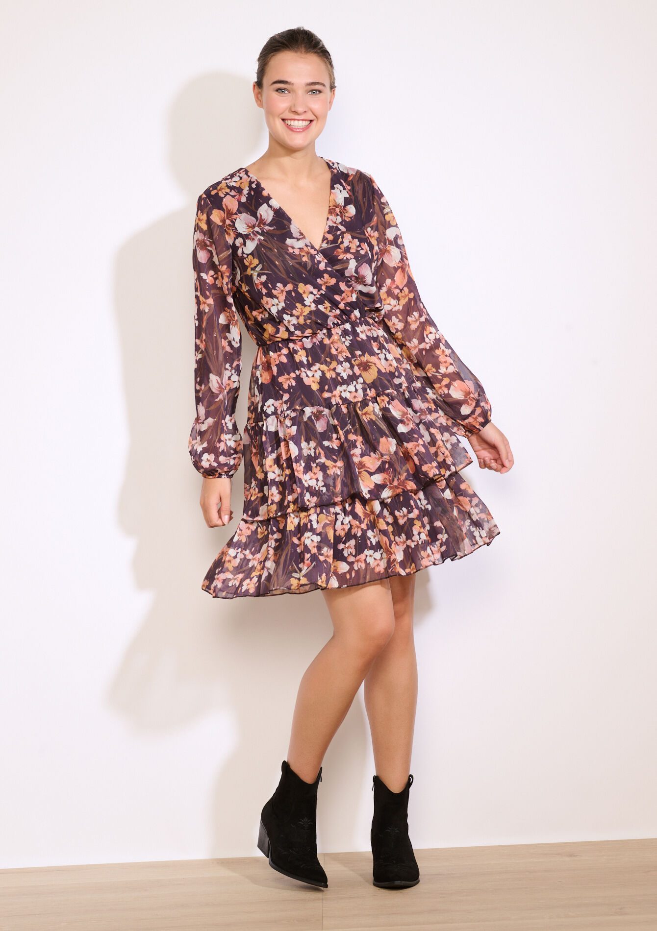 Robe courte à volants, Robe courte à volants - BROWN DARK CHOCOLATE - 08104305_3720