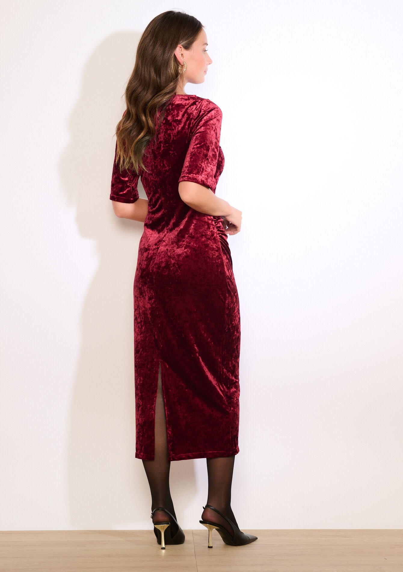 Robe midi drapée en velours, Robe midi drapée en velours - BORDEAUX WINE - 08104350_5514