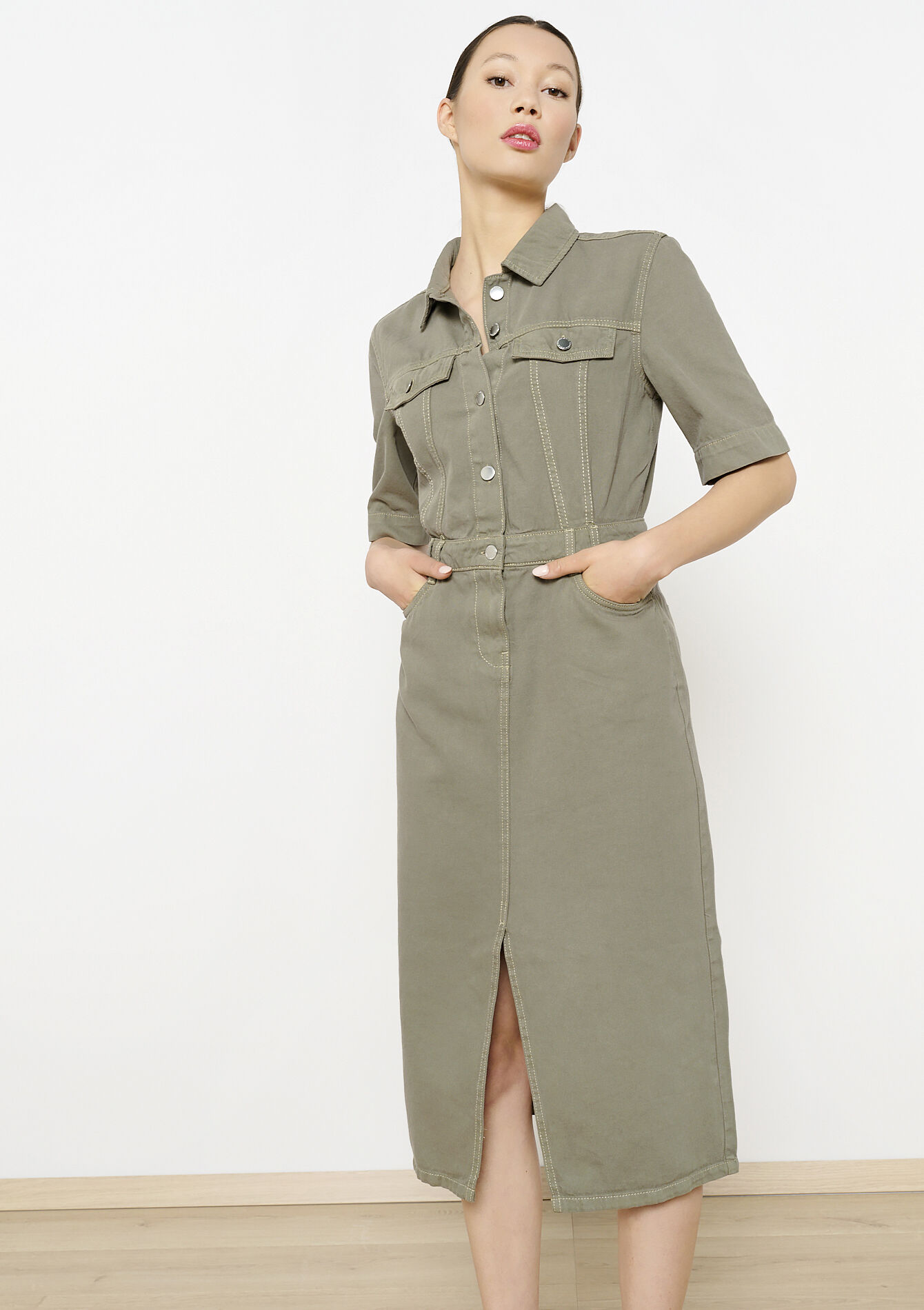 Robe mi-longue en coton, Robe mi-longue en coton - KHAKI DARKY - 08103864_4208