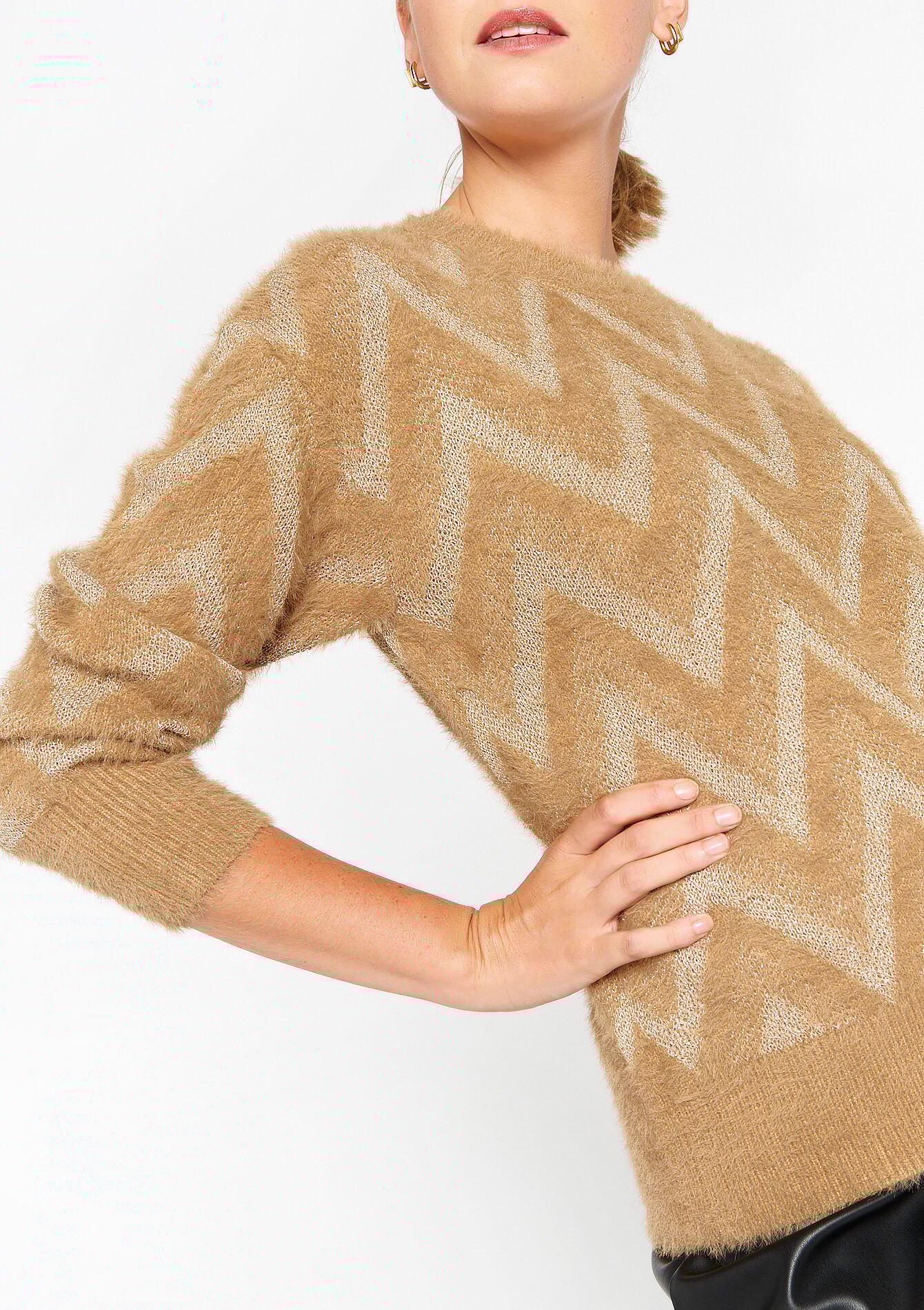 Eyelash pullover with zigzag pattern, Eyelash pullover with zigzag pattern - CAMEL CINNAMON - 04006174_3835