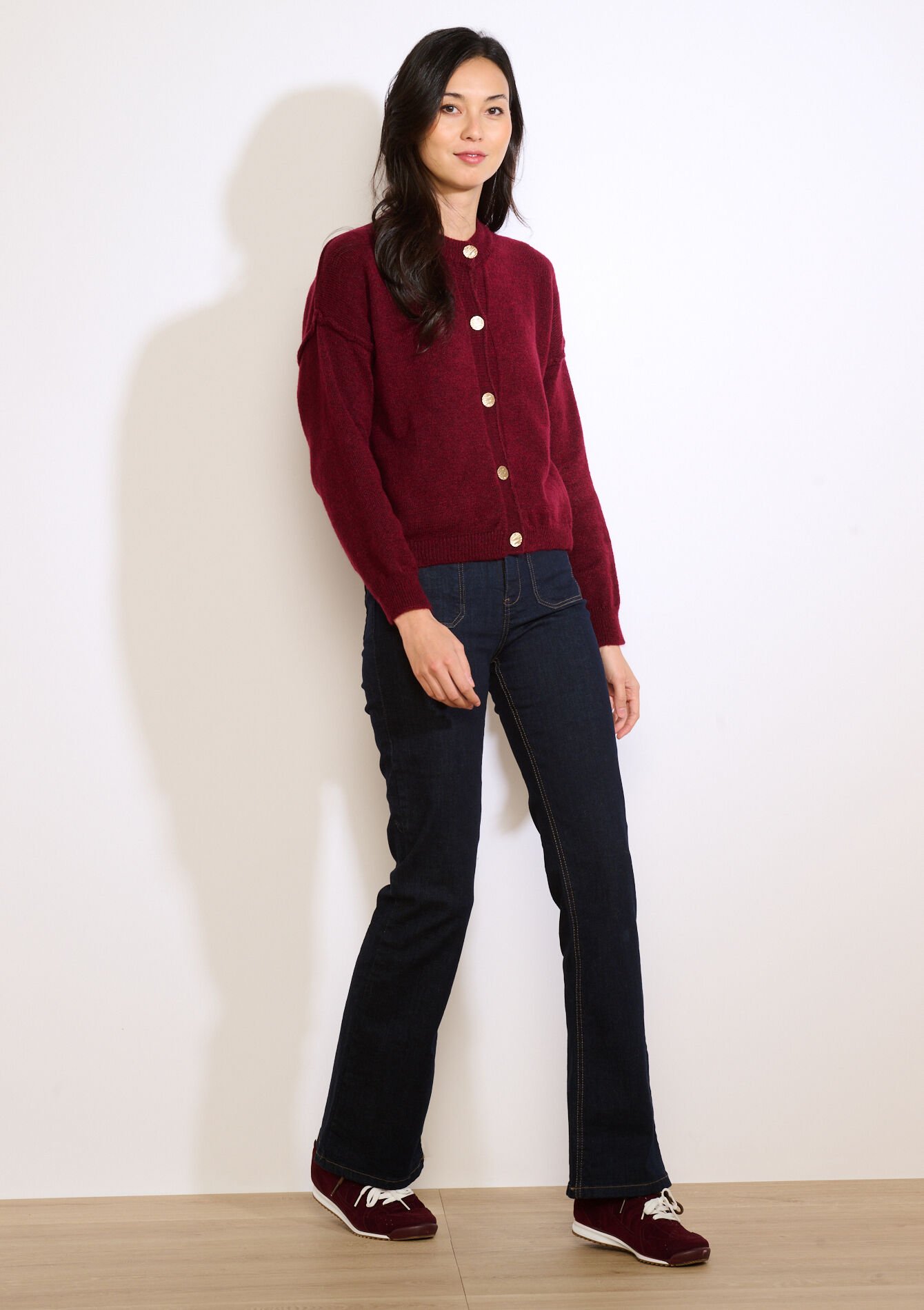 Gold button cardigan - BORDEAUX WINE - 04101412_5514