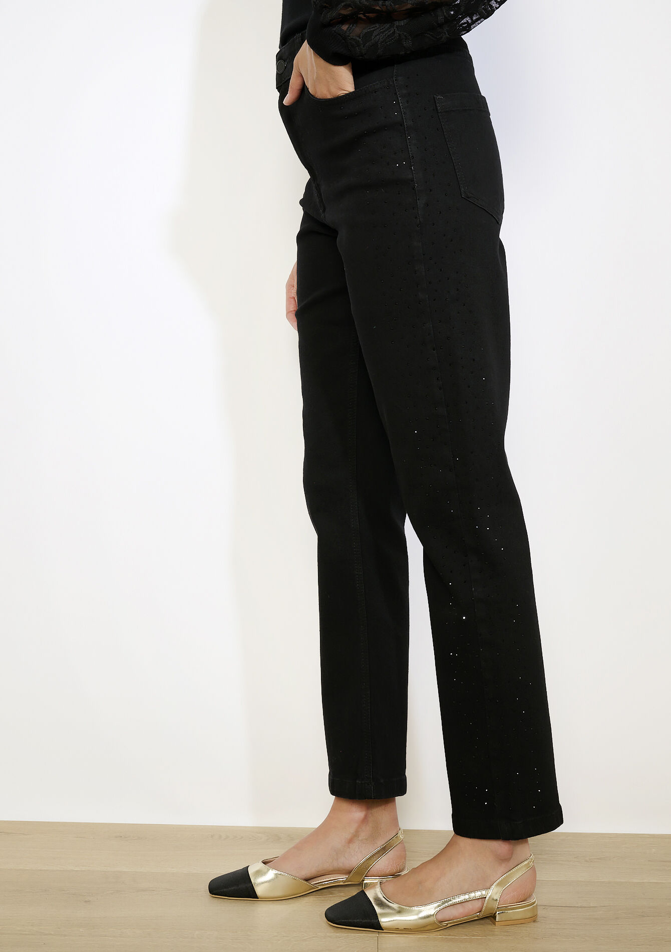Rechte jeans hoge taille met strass - BLACK - 22000627_1119