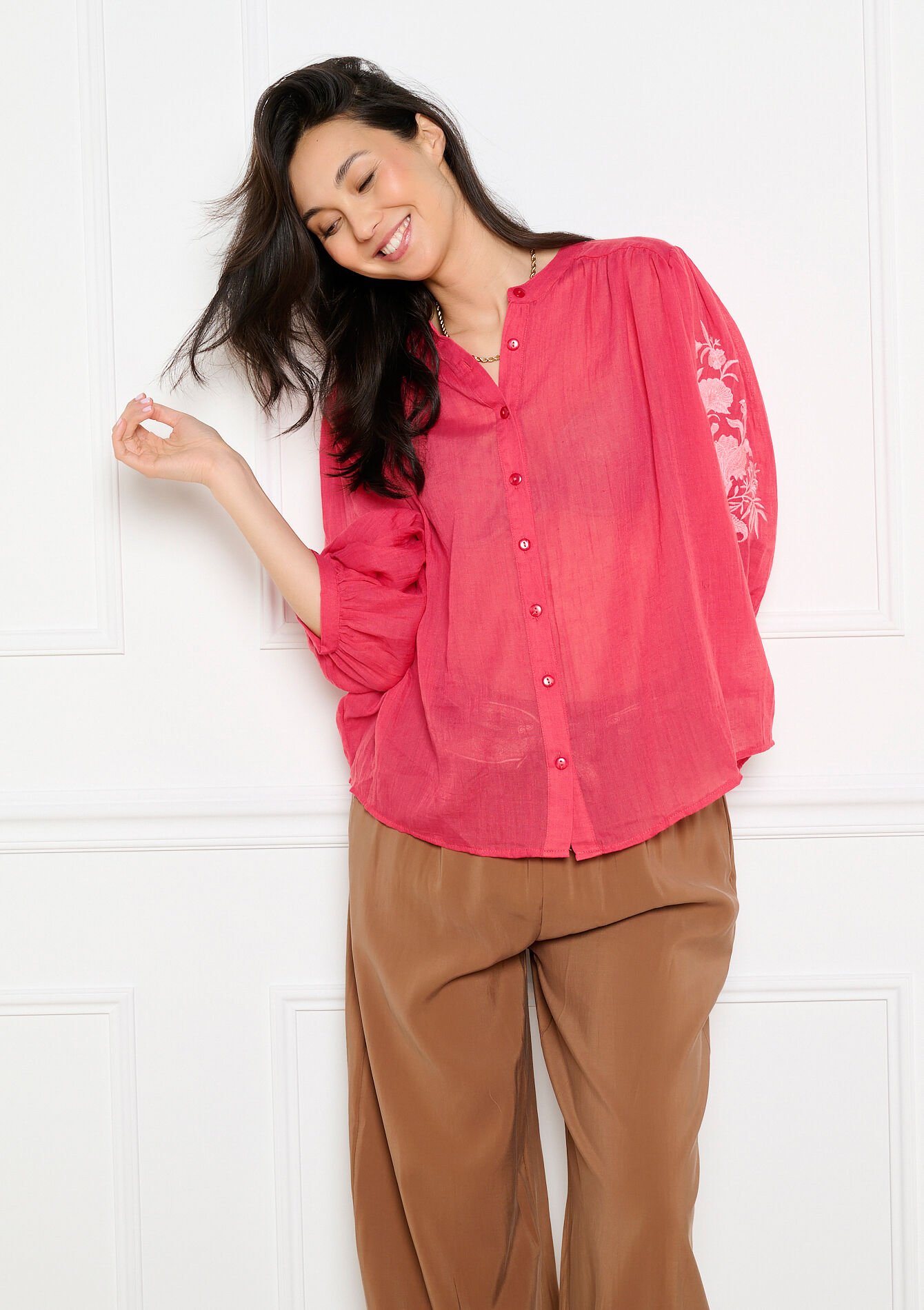 Embroidered fluid blouse - RED FRAMBOISE - 05703054_1496