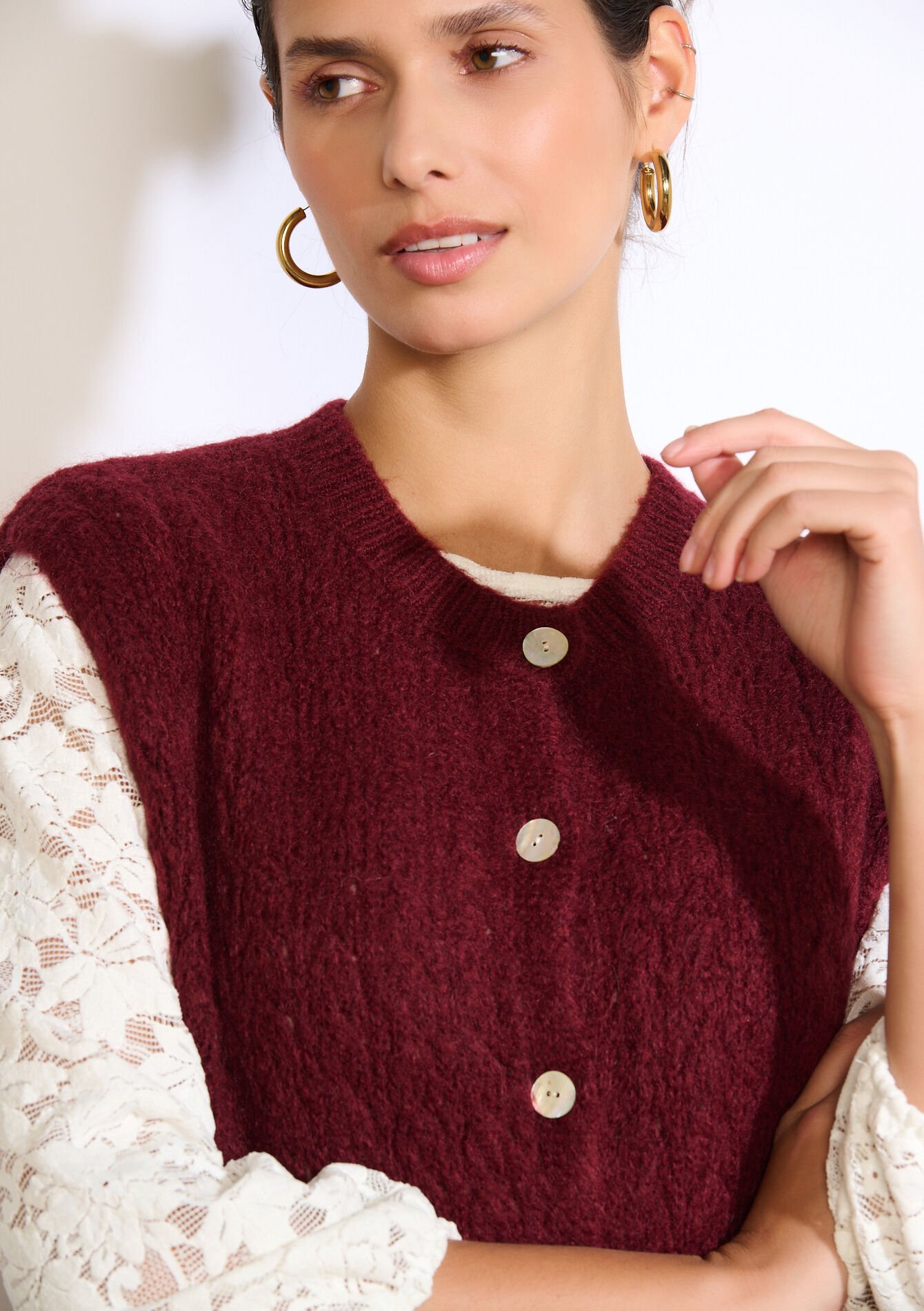 Mouwloze cardigan met structuur, Mouwloze cardigan met structuur - AUBERGINE - 04101397_1537