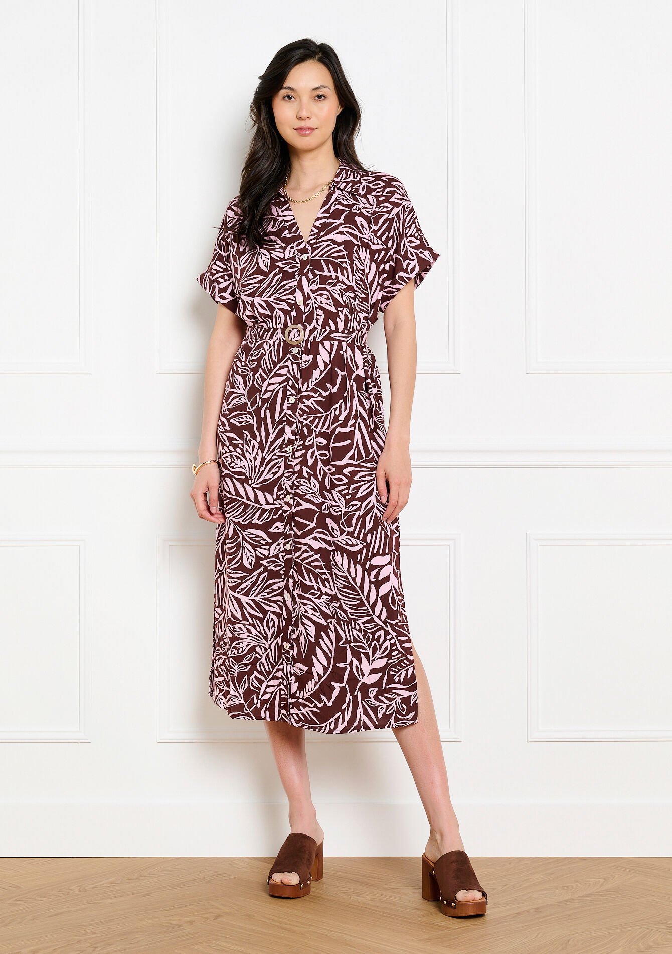 Robe chemise midi imprimée - BROWN DARK CHOCOLATE - 08104359_3720