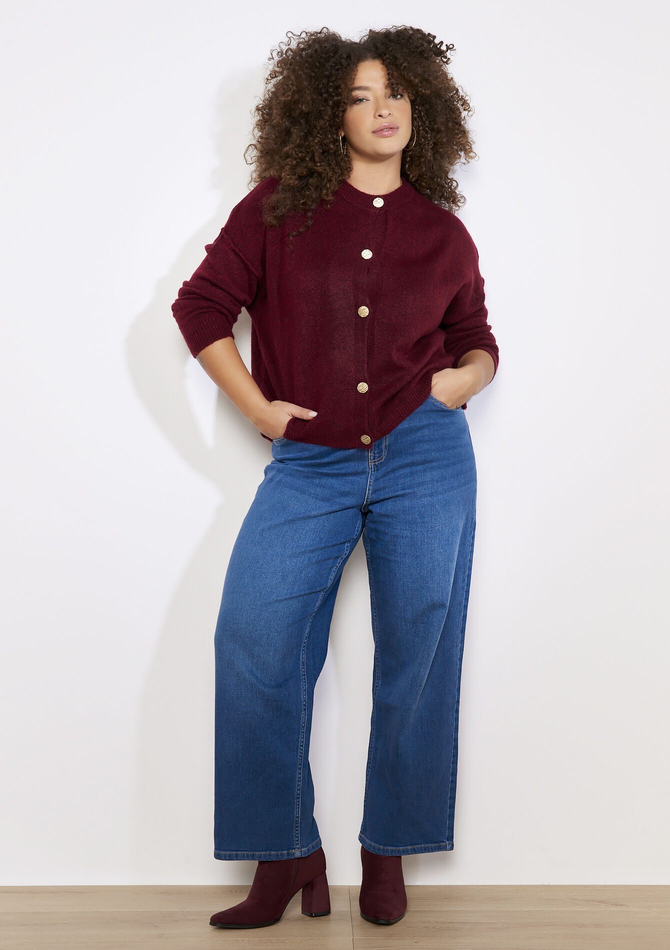 Gold button cardigan - BORDEAUX WINE - 04101412_5514