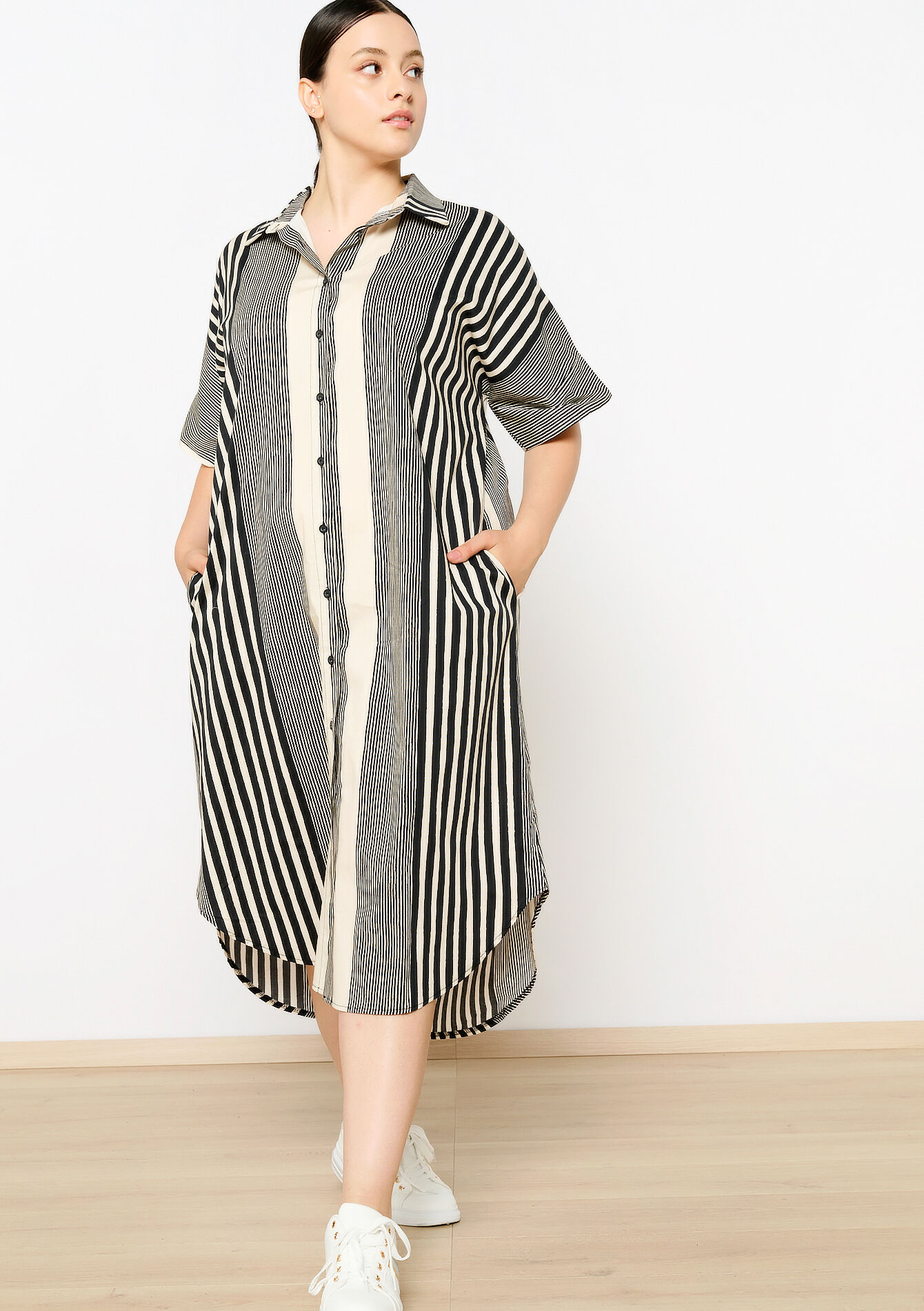 Robe-chemise mi-longue à rayures, Robe-chemise mi-longue à rayures - BLACK - 08103842_1119