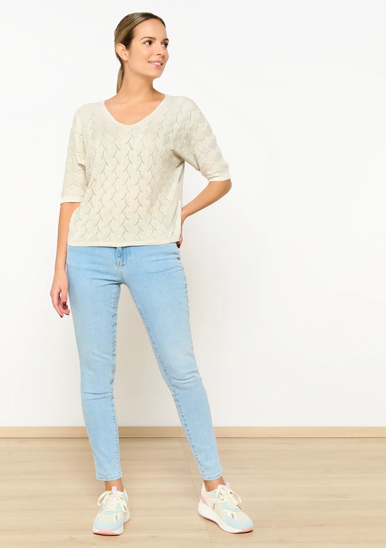 Open-knit pullover with V-neck, Open-knit pullover with V-neck - CHAMPAGNE SAND - 04006483_4007