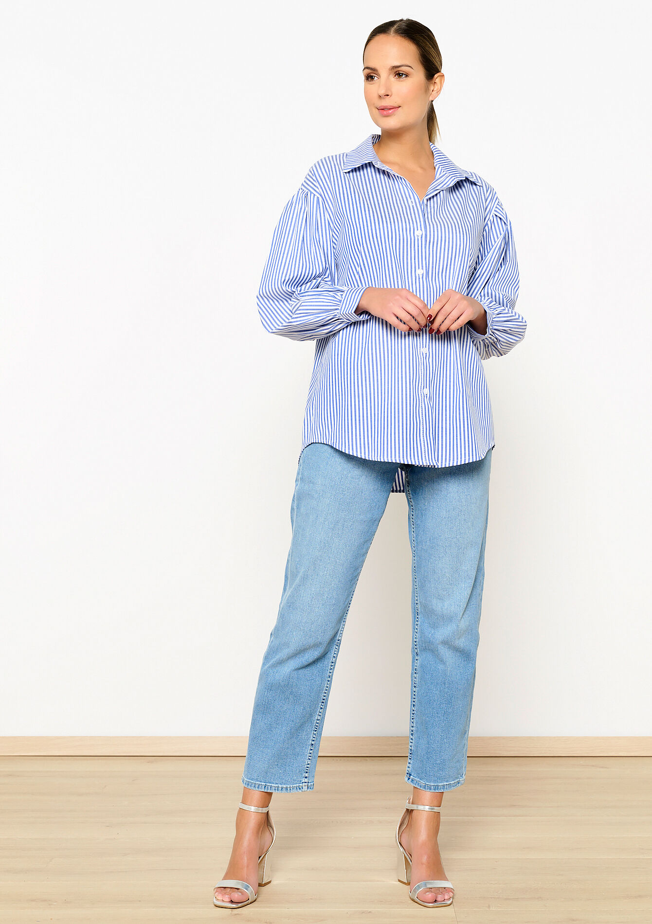 Oversized poplin shirt with stripes, Oversized poplin shirt with stripes - DARK BLUE - 05702437_0501