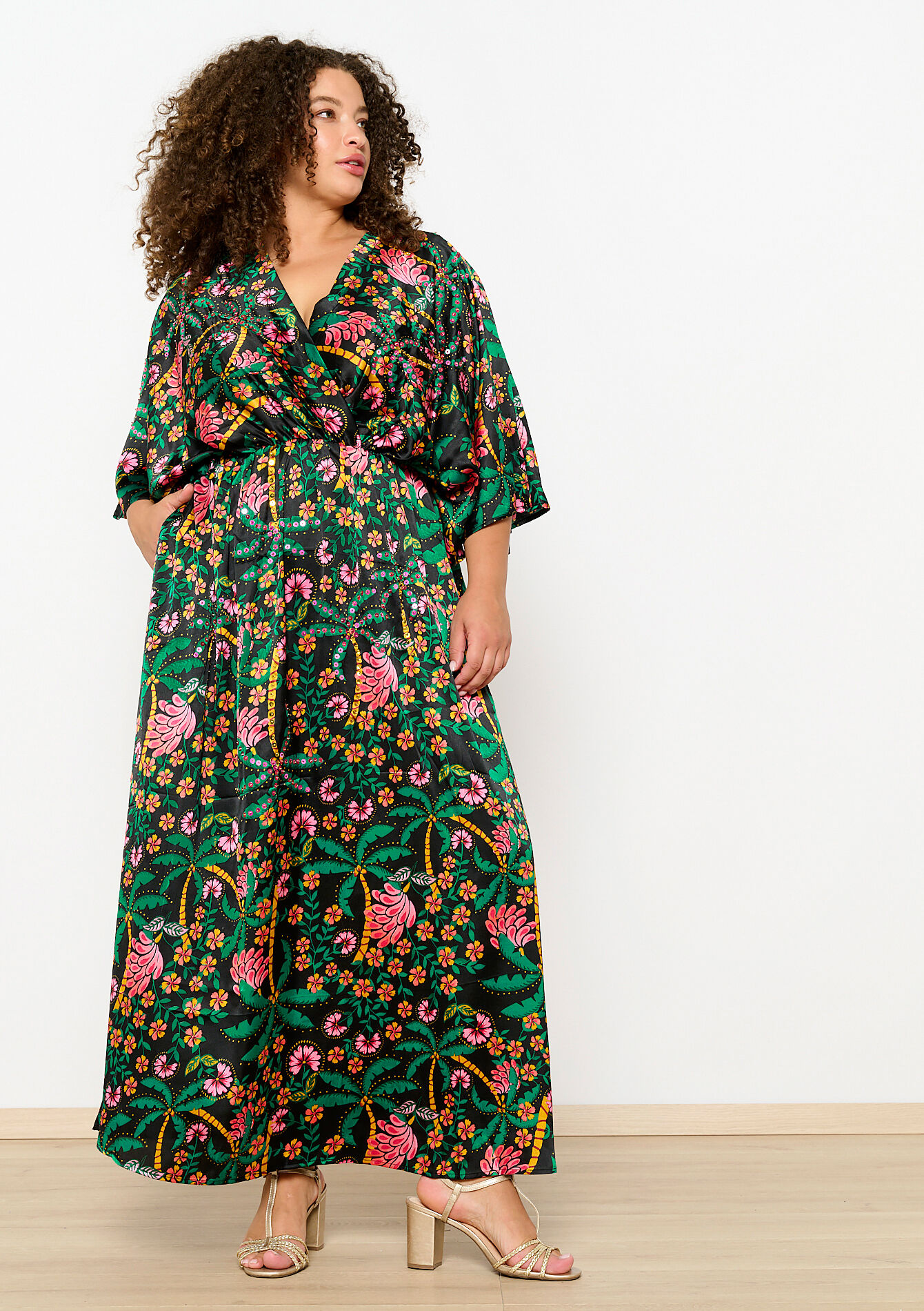 Satin dress with floral print, Satin dress with floral print - BLACK - 08602317_1119