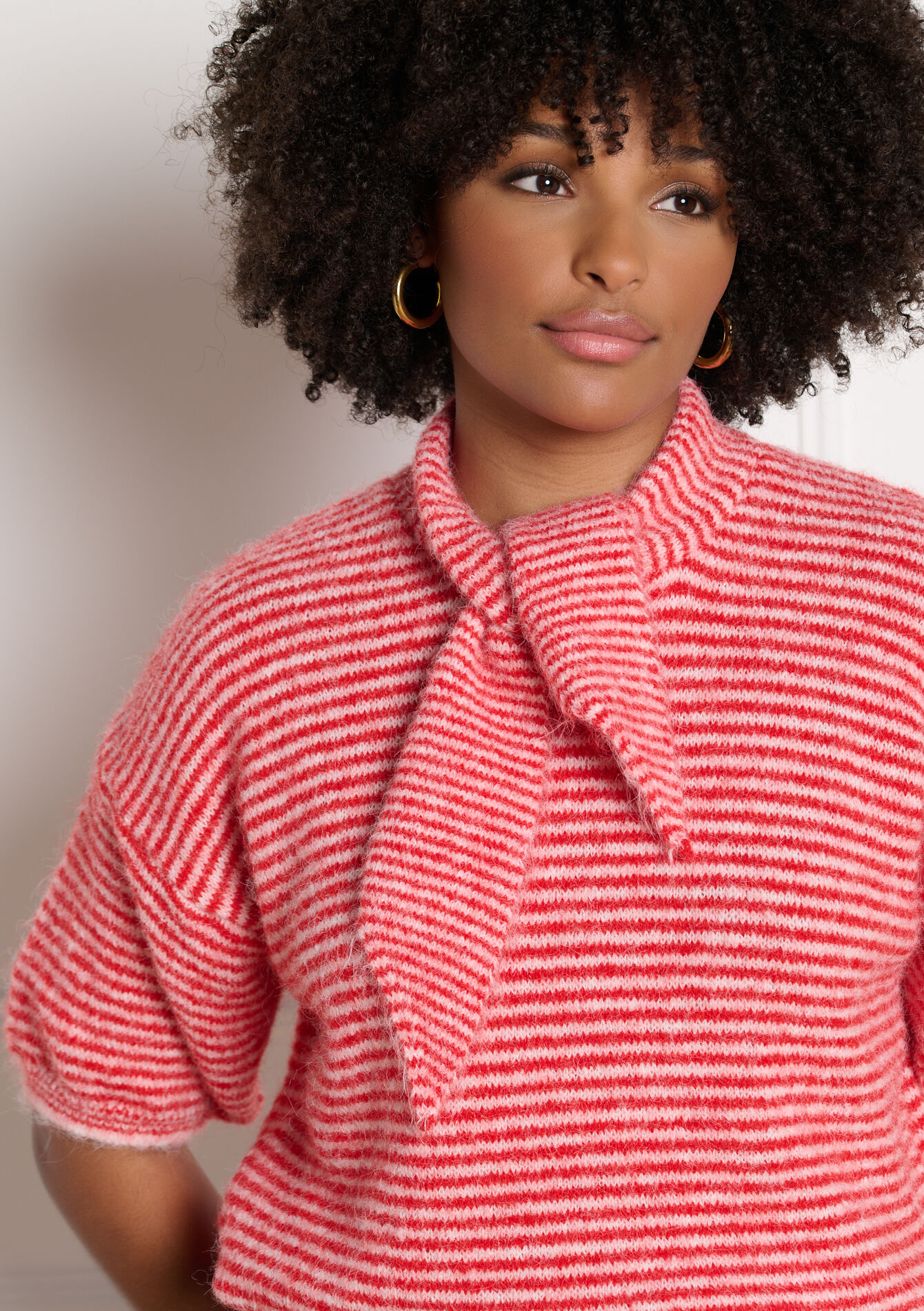 Gestreepte trui met korte mouwen - PINK BUBBLEGUM - 04007220_1477