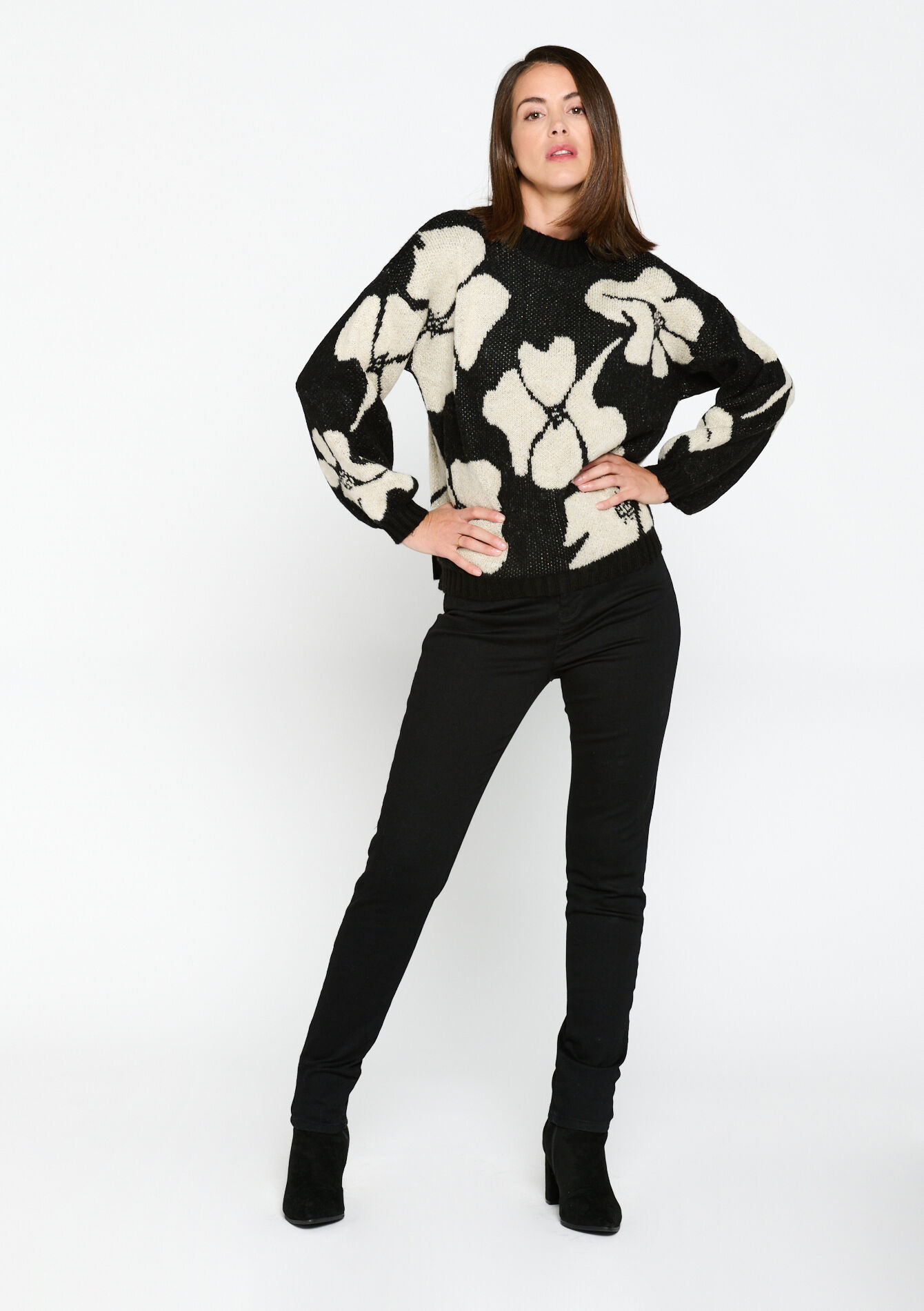 Jacquard pullover with floral print, Jacquard pullover with floral print - BLACK - 04006342_1119
