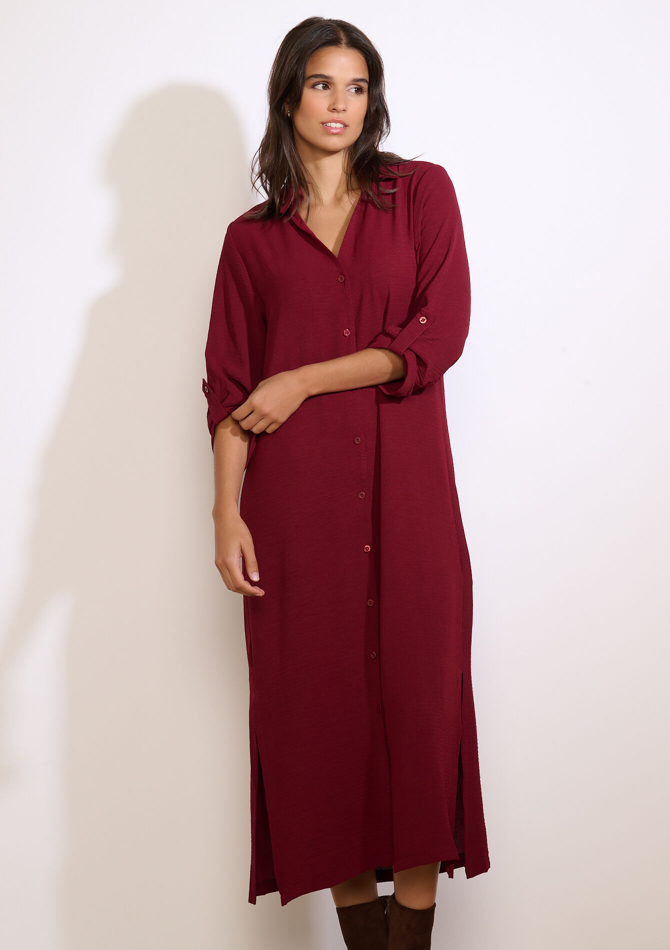 Long slit shirt dress - BORDEAUX WINE - 08104399_5514