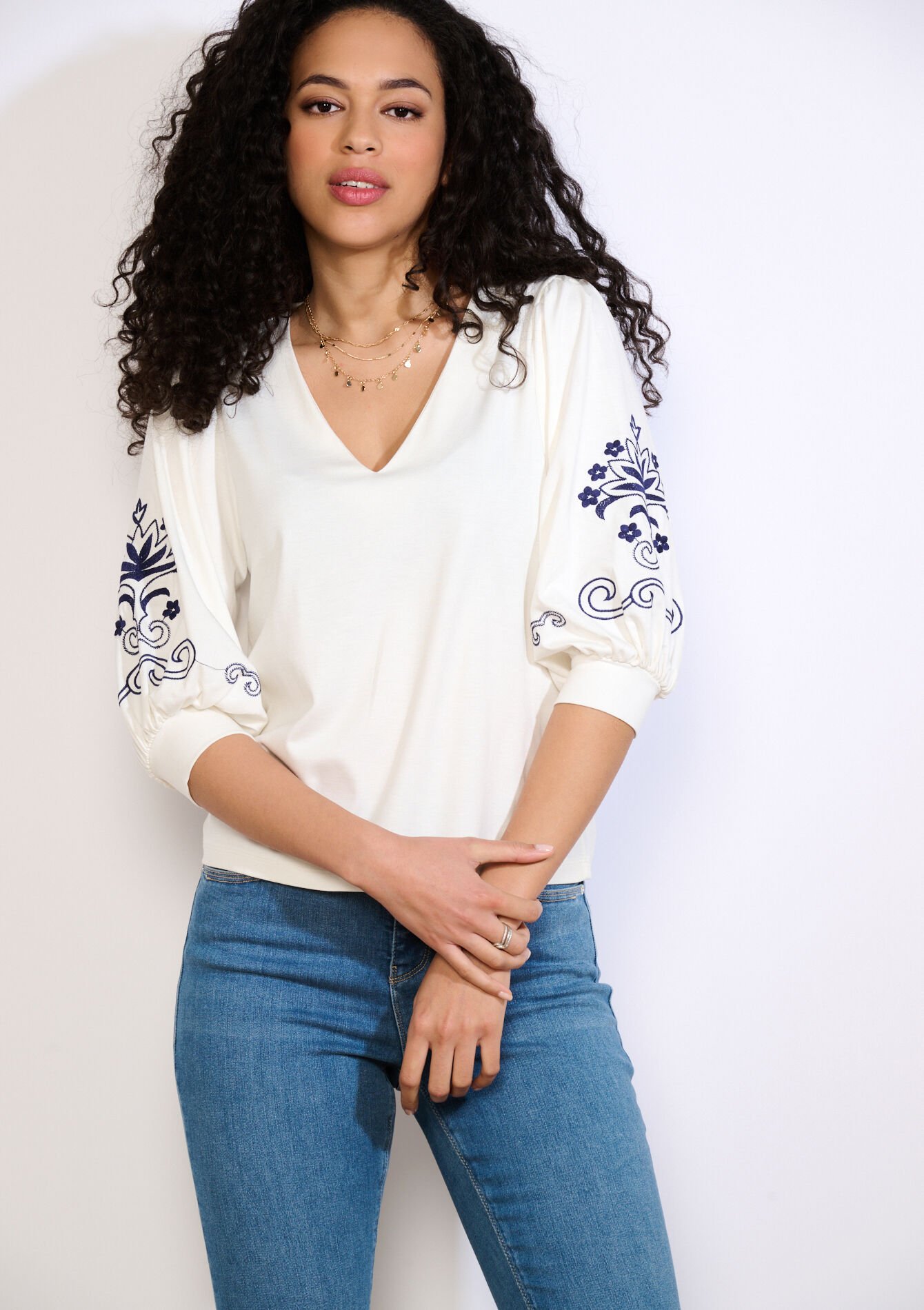 Geborduurd top met ballonmouwen - OFFWHITE - 02301999_1001