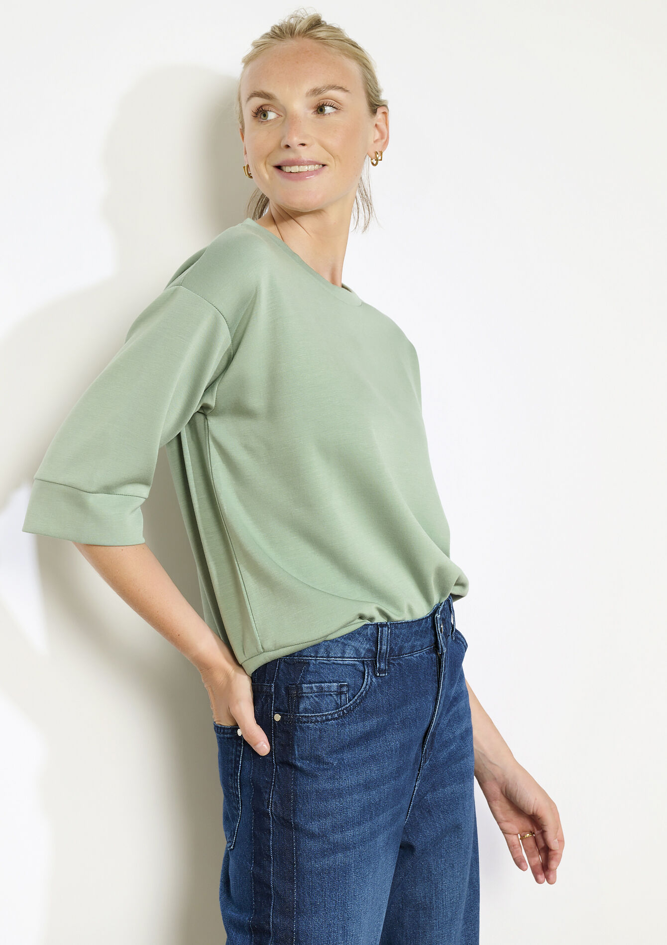 Boxy sweatshirt met korte mouwen, Boxy sweatshirt met korte mouwen - ALMOND GREEN - 03001802_1724