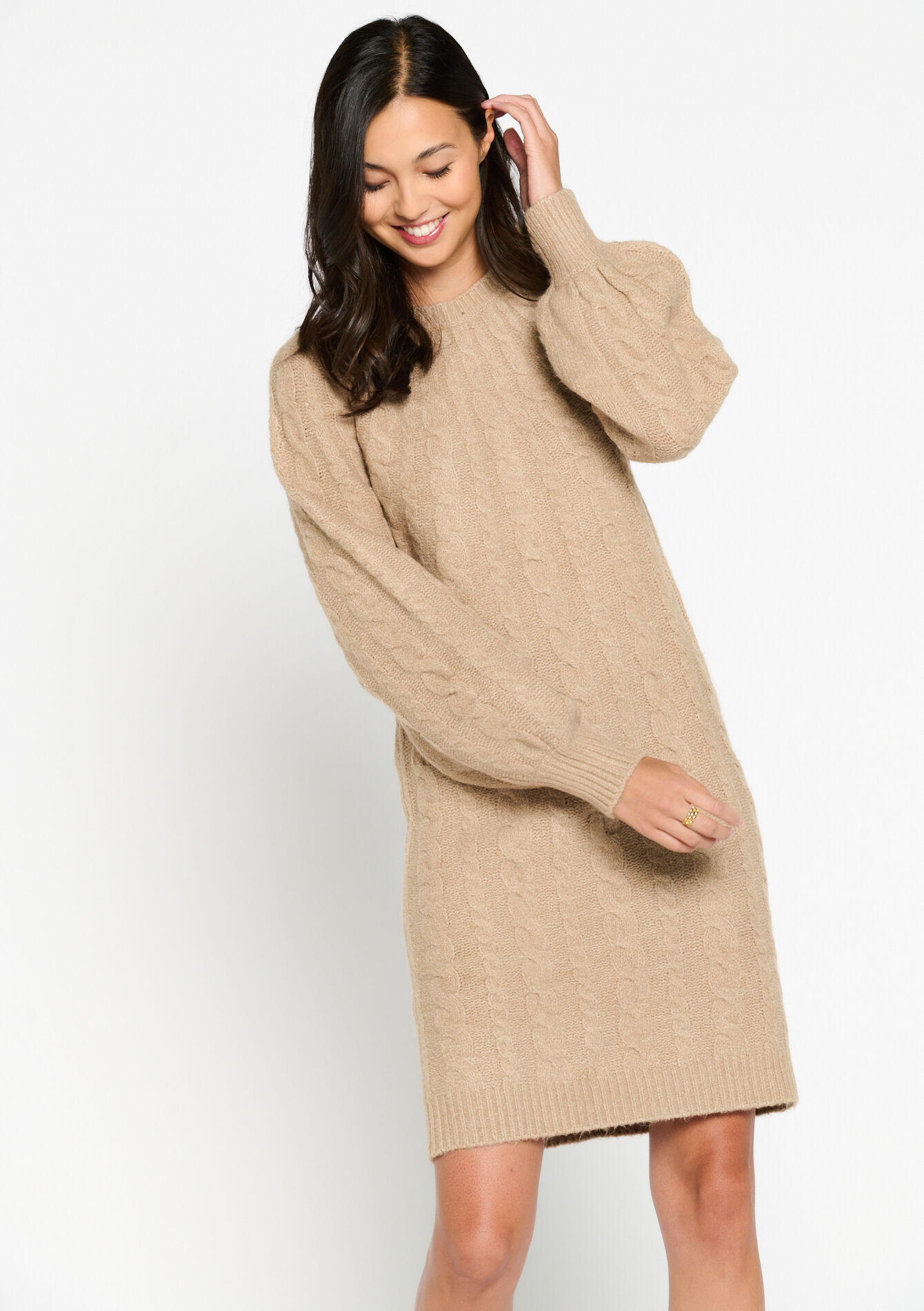 Knitted dress with cables - TAUPE - 08103303