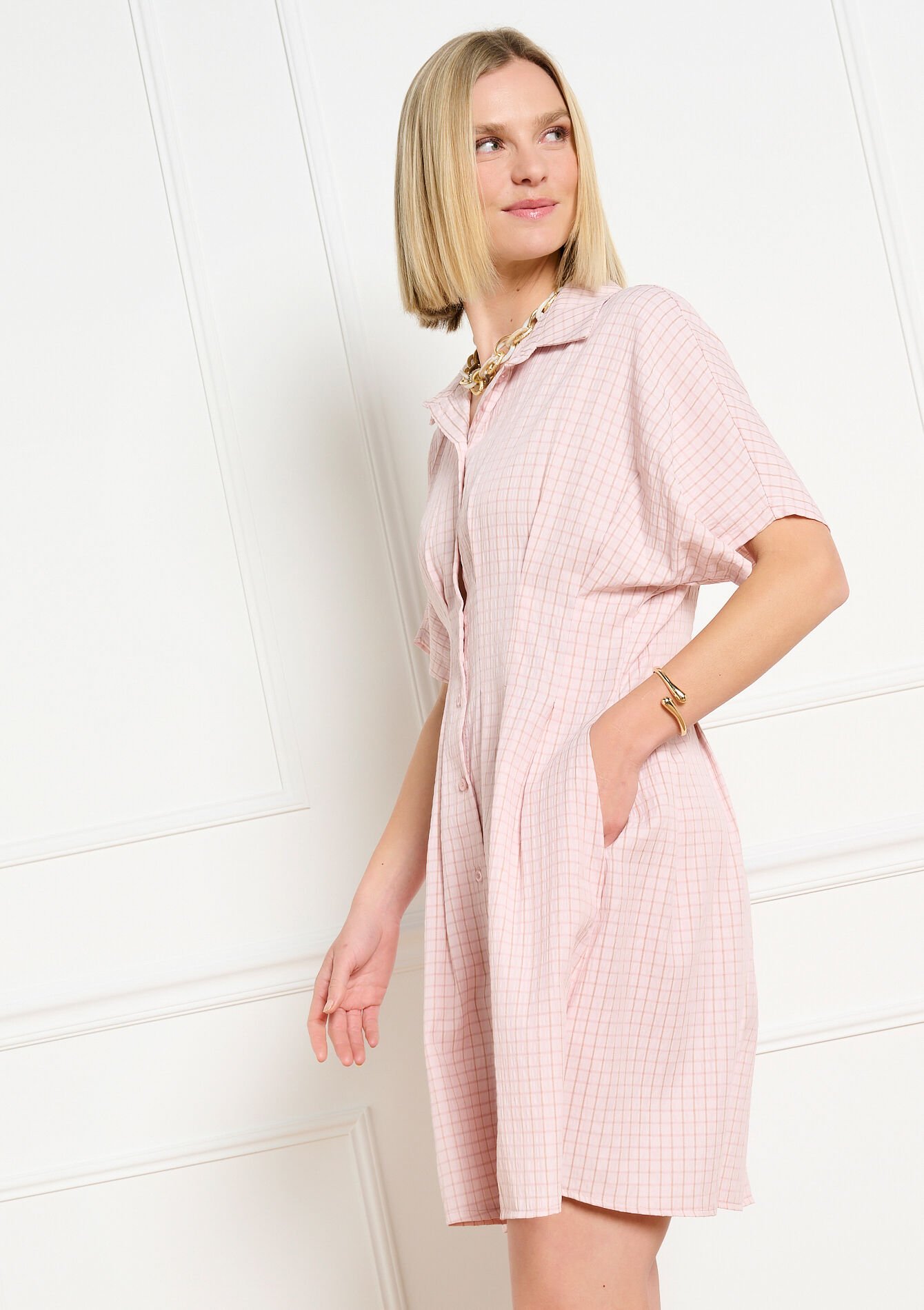 Checked shirt dress - LIGHT PINK - 08104497_1303