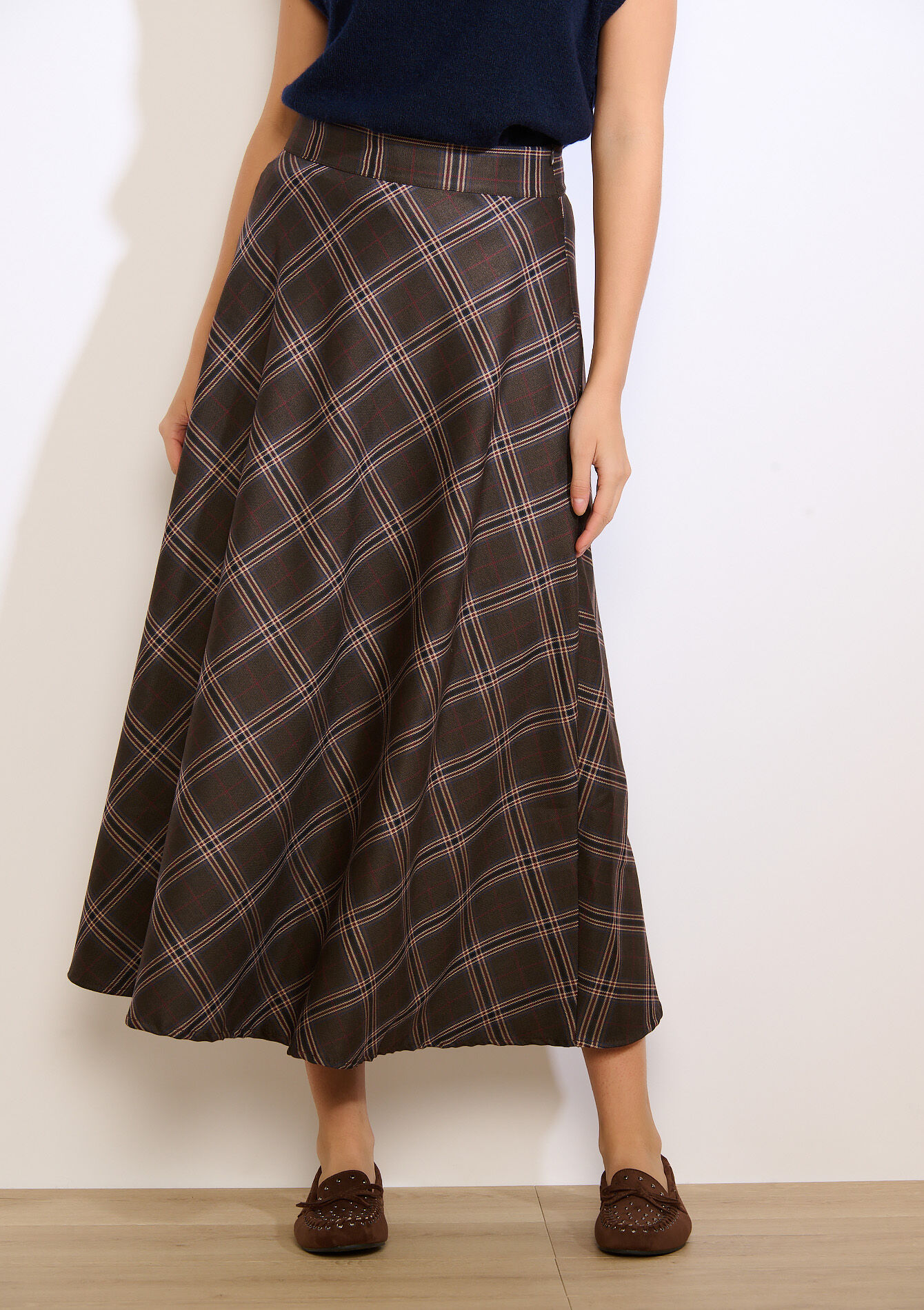 Geruite maxi rok met flair, Geruite maxi rok met flair - BROWN DARK CHOCOLATE - 07101456_3720
