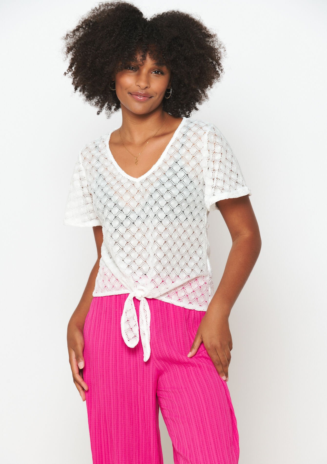 Openwork T-shirt in macramé, Openwork T-shirt in macramé - OPTICAL WHITE - 02301604_1019