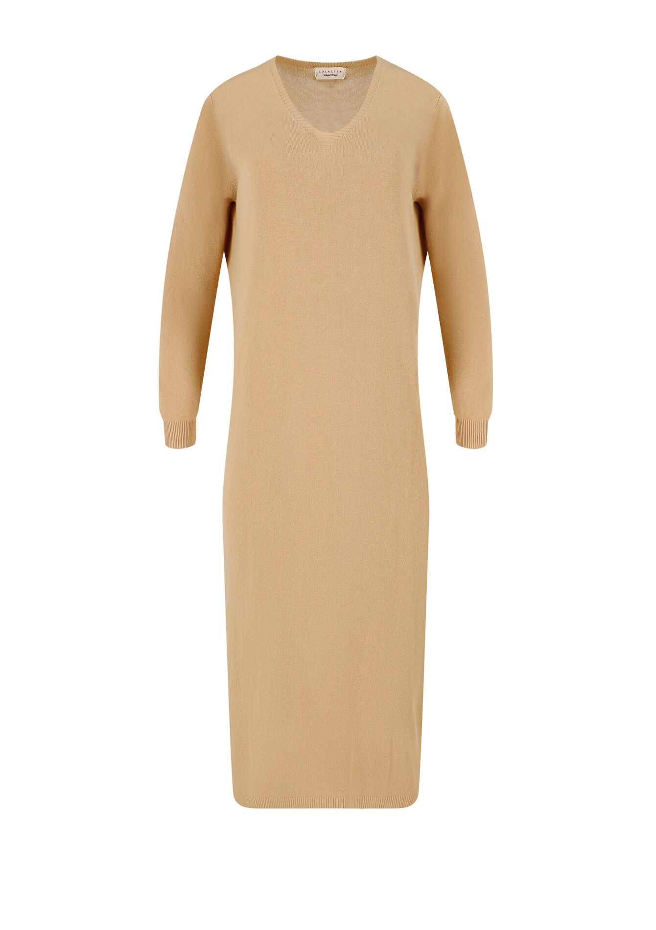 Knitted dress with V-neck, Knitted dress with V-neck - LIGHT CAMEL - 08602181_3814