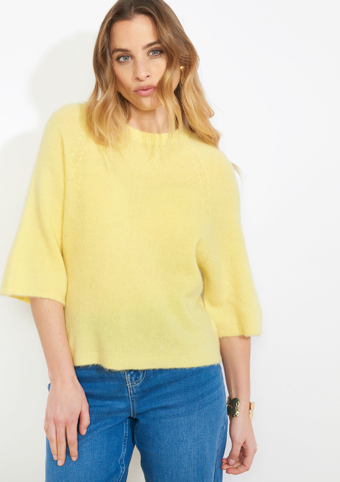 Zachte trui met 3/4-mouw - YELLOW PASTEL - 04007207_5004