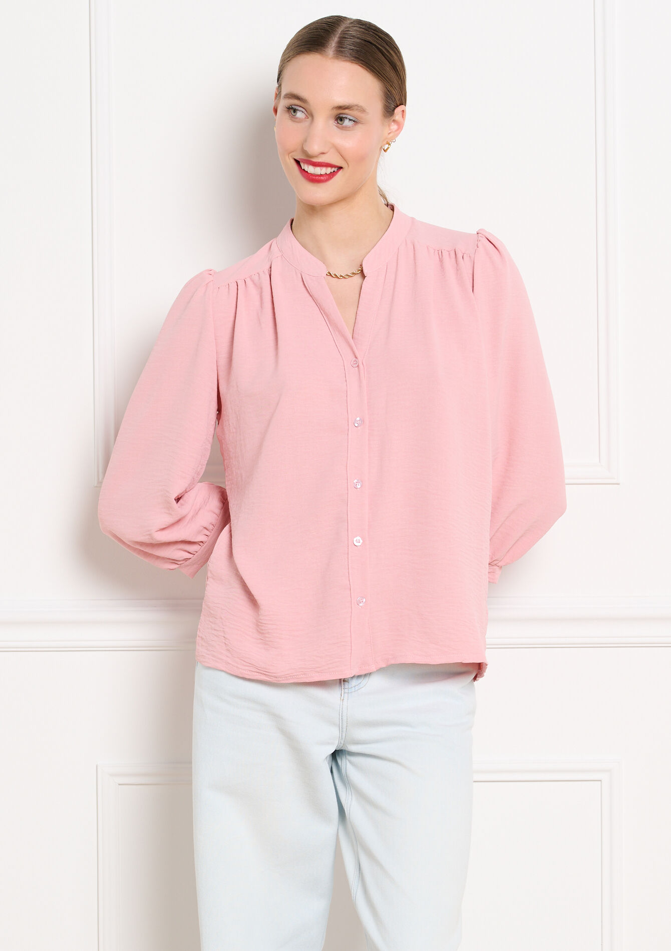 Vloeiende blouse met V-hals, Vloeiende blouse met V-hals - LIGHT PINK - 05703042_1303