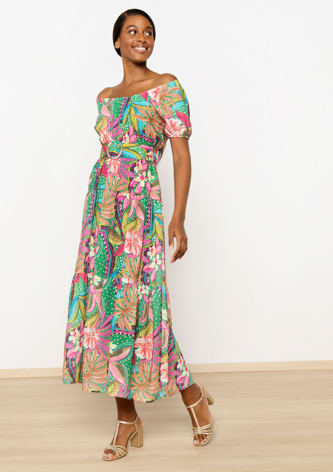 Off-shoulder jurk met tropische print, Off-shoulder jurk met tropische print - GREEN APPLE - 08103669