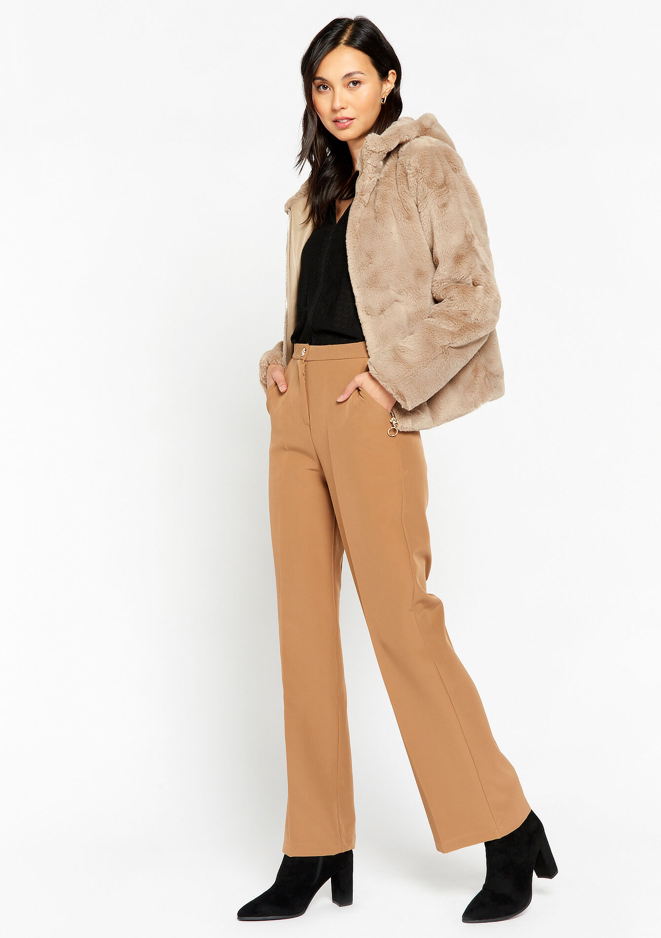 Faux fur jas met capuchon - LIGHT TAUPE - 23000594_2572