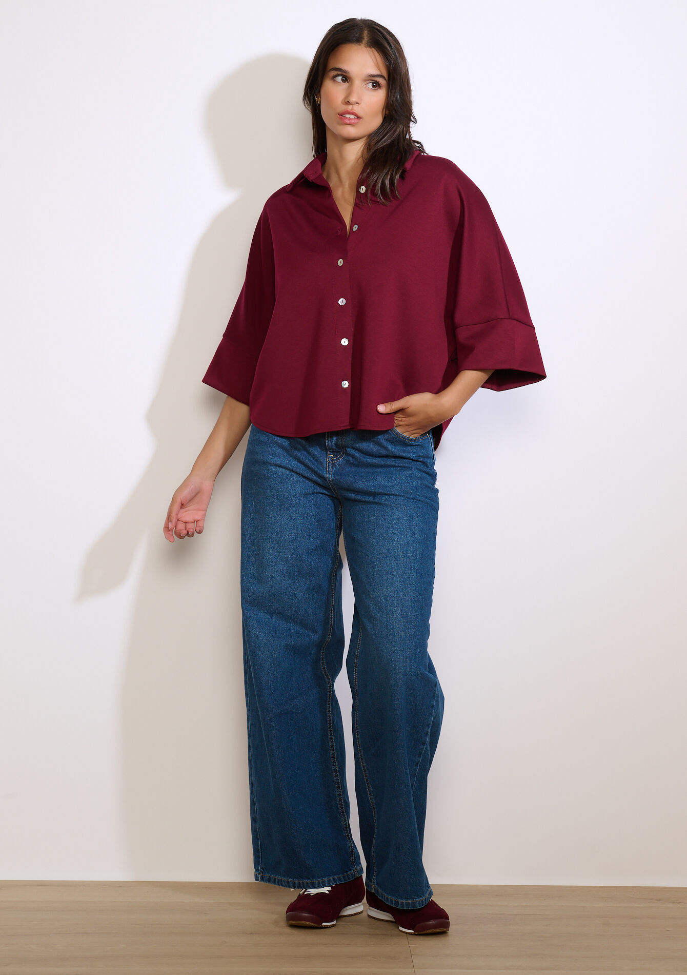 Losvallende polo met knopen, Losvallende polo met knopen - BORDEAU WINE - 02301968