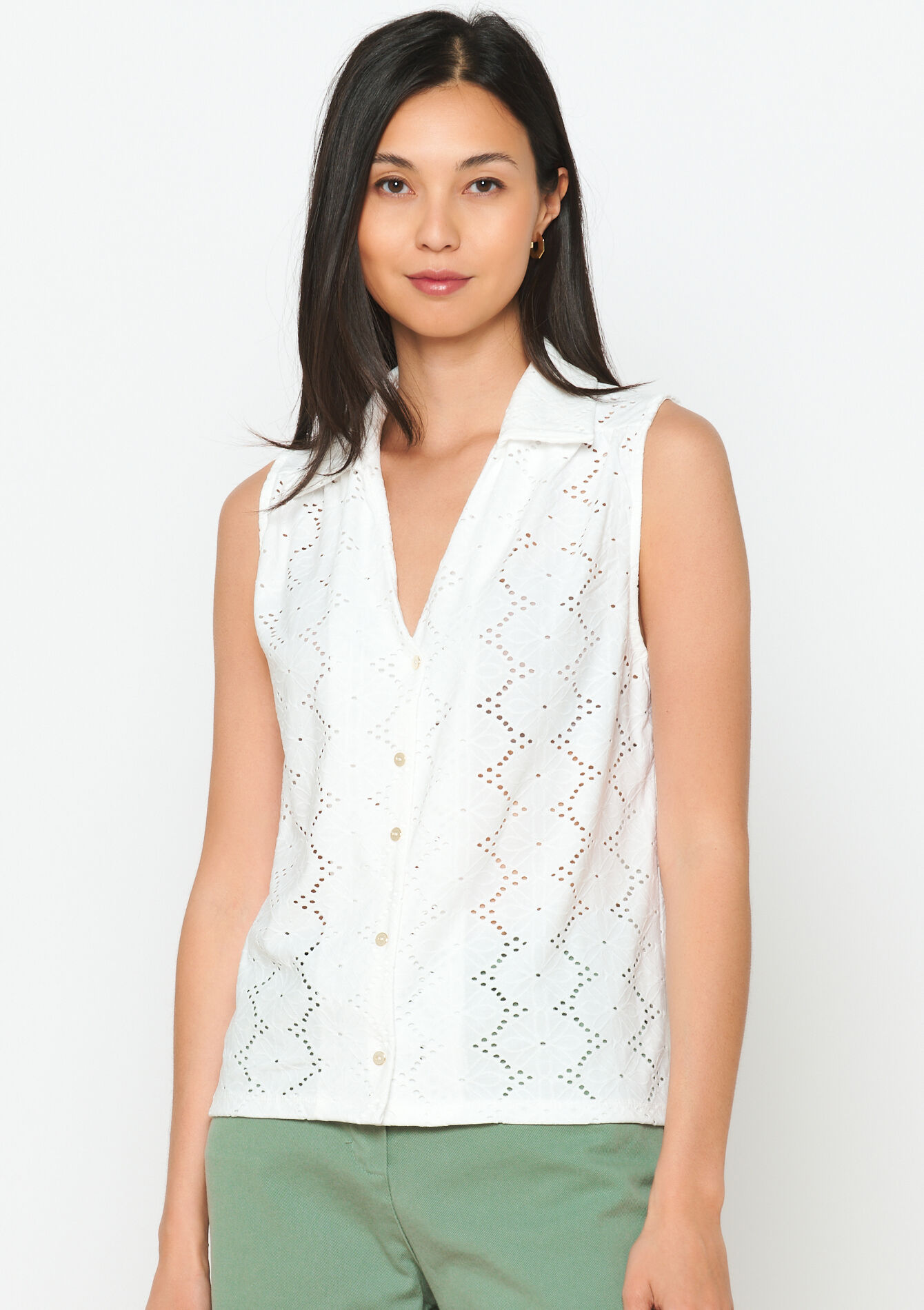 Sleeveless shirt with broderie anglaise - OPTICAL WHITE - 02200407_1019
