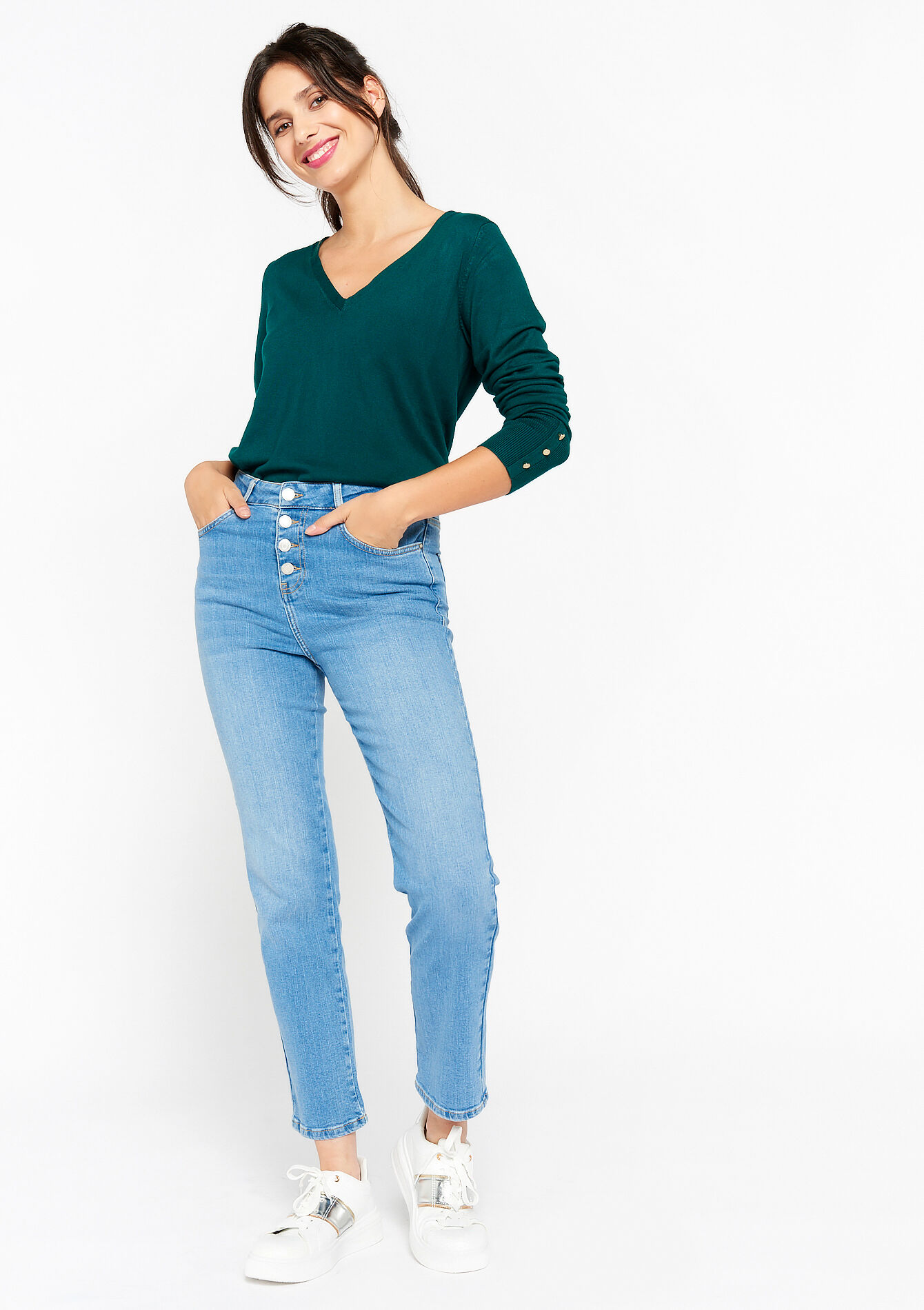 Rechte jeans met hoge taille, Rechte jeans met hoge taille - BLUE BLEACHED - 22000486_0502