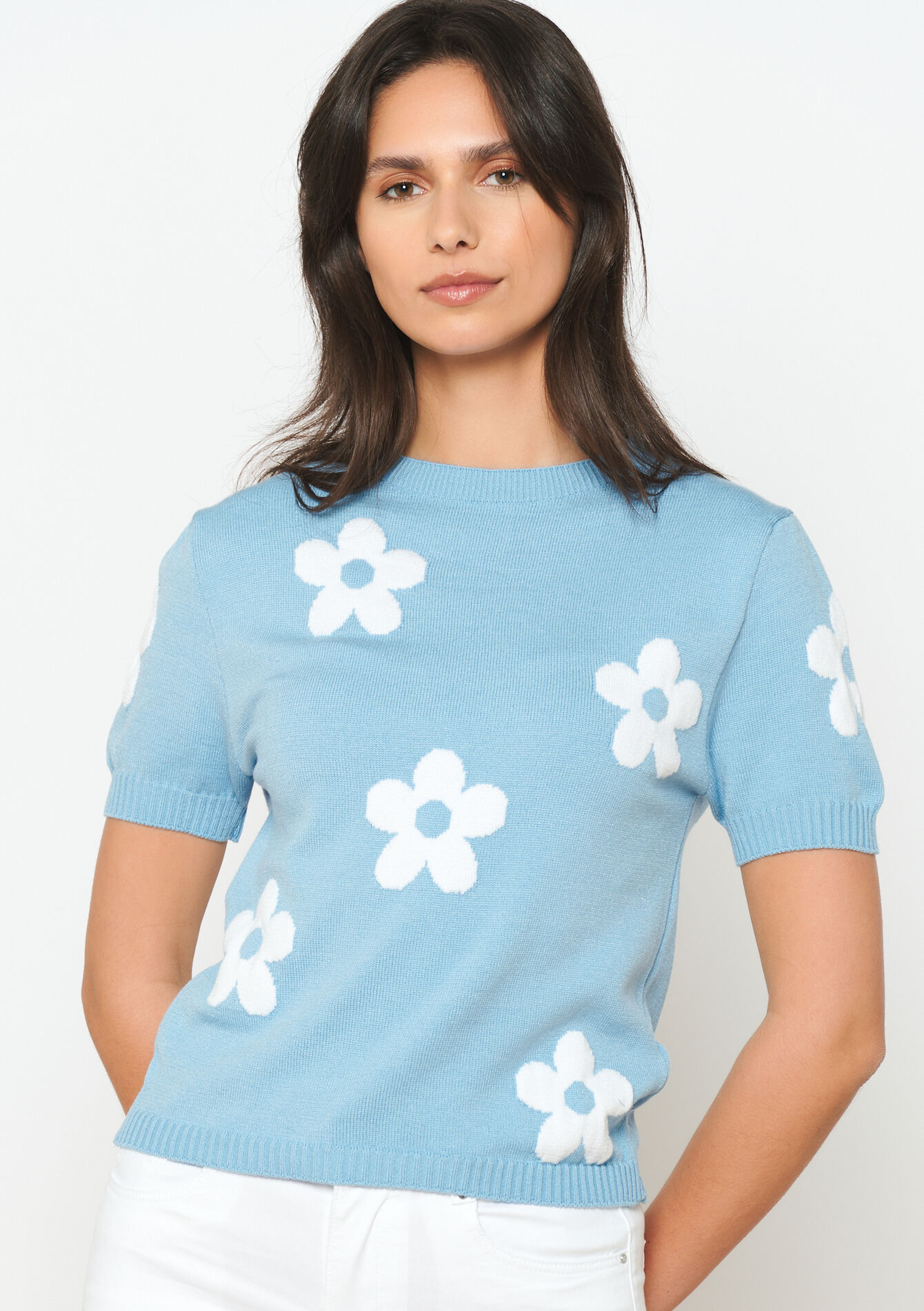 Jacquard pullover with flowers, Jacquard pullover with flowers - BLUE PASTEL - 1104871