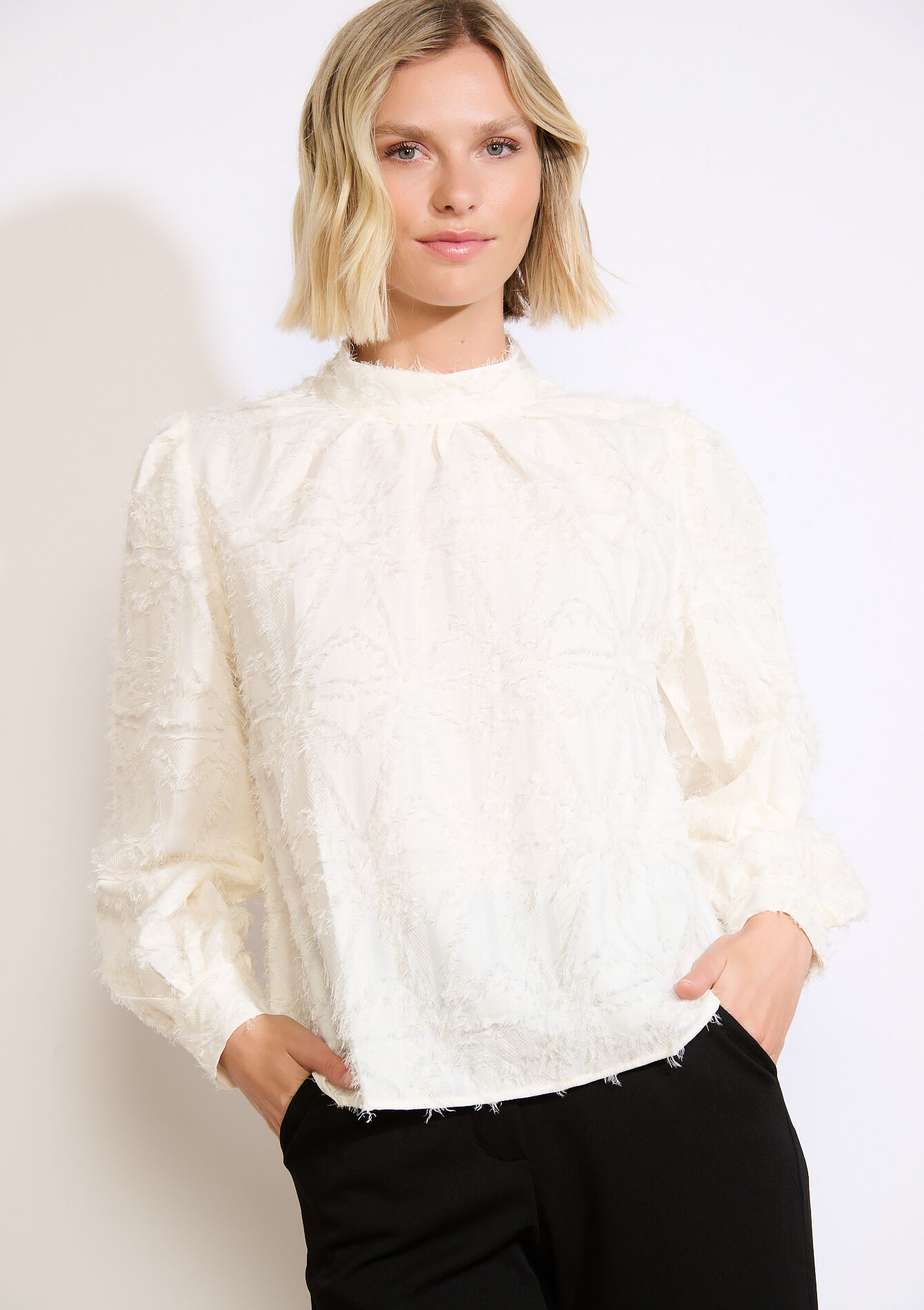 Blouse en jacquard frangé, Blouse en jacquard frangé - VANILLA WHITE - 05702857_1013