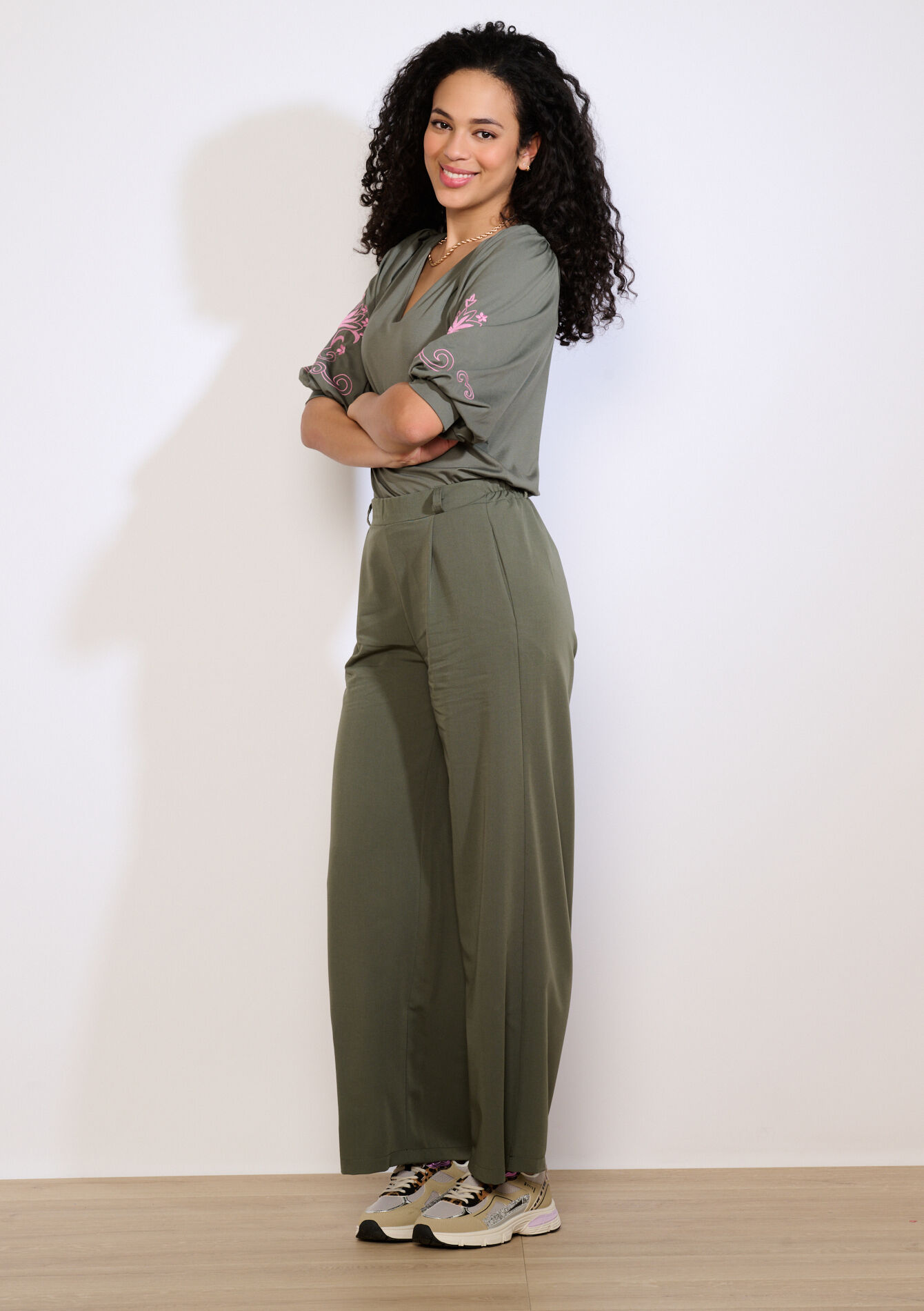 Haut brodé à manches ballon - KHAKI MED - 02301999_4327