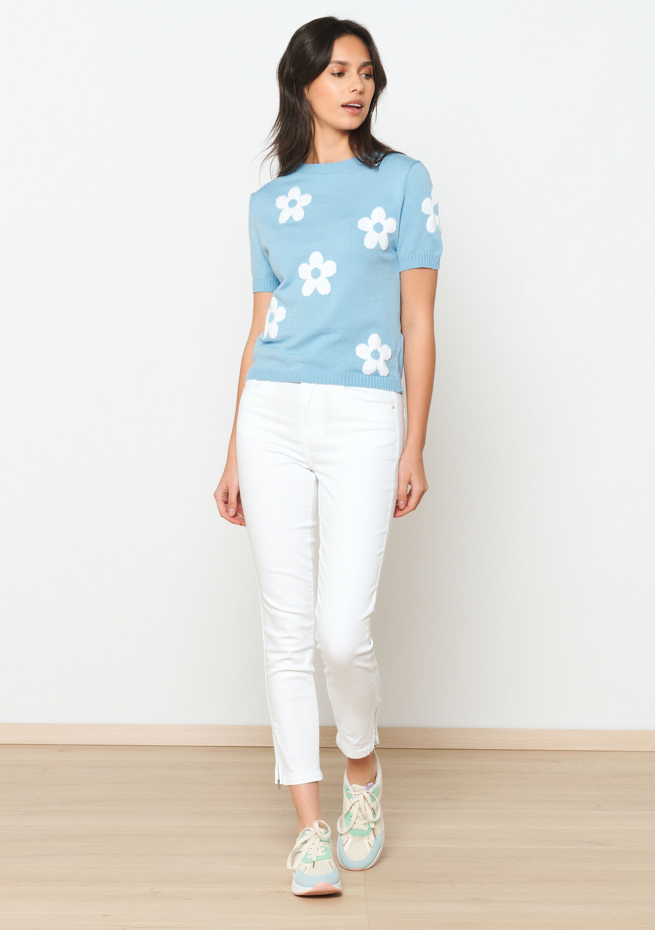 Jacquard pullover with flowers, Jacquard pullover with flowers - BLUE PASTEL - 1104871