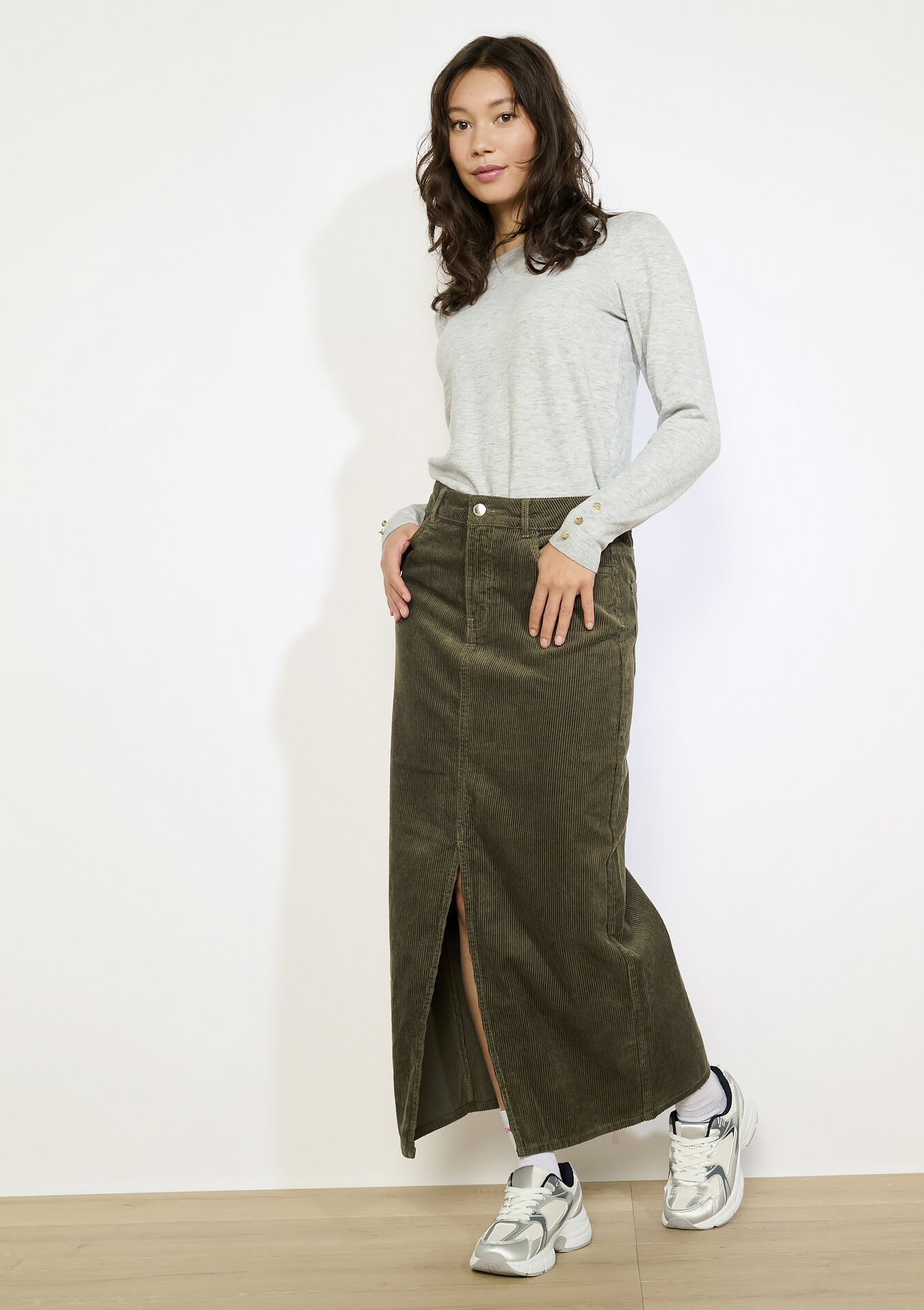 Lange ribfluwelen rok, Lange ribfluwelen rok - KHAKI MED - 07101354_4327