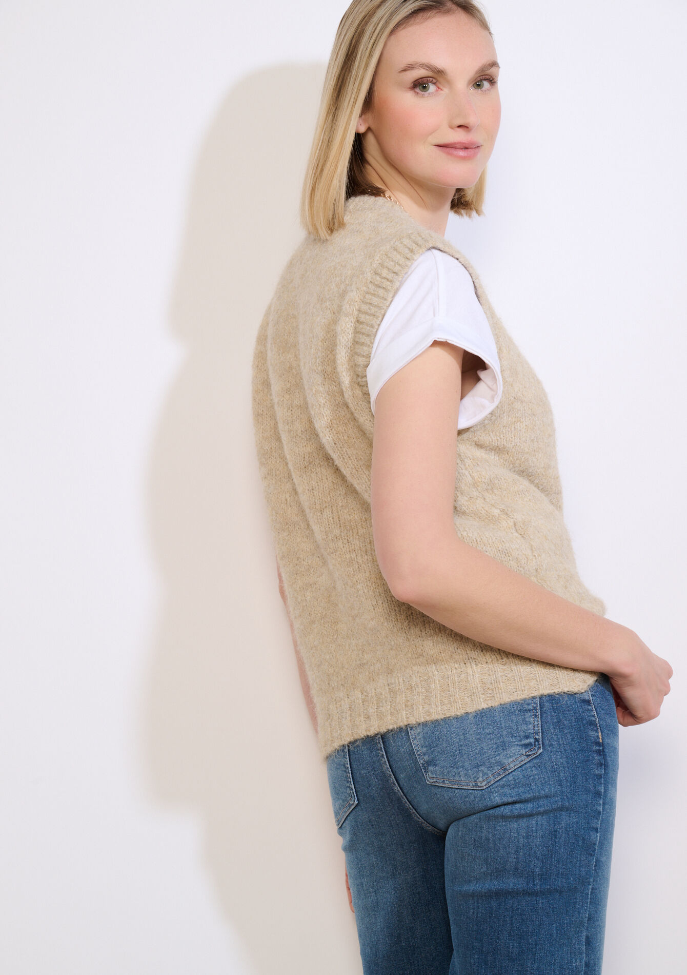 Mouwloos gebreid top - LT BEIGE - 04007195_2527