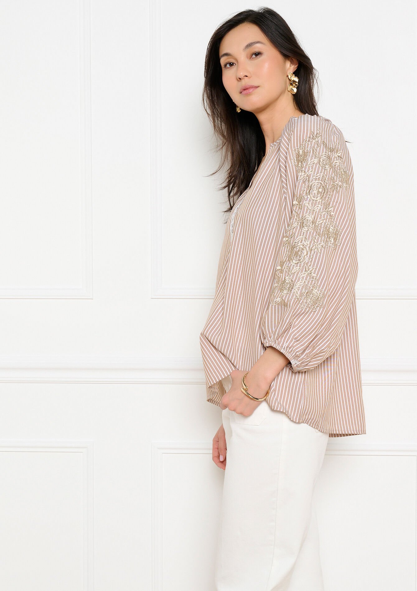 Blouse rayée détails brodés - LIGHT TAUPE - 05703052_2572