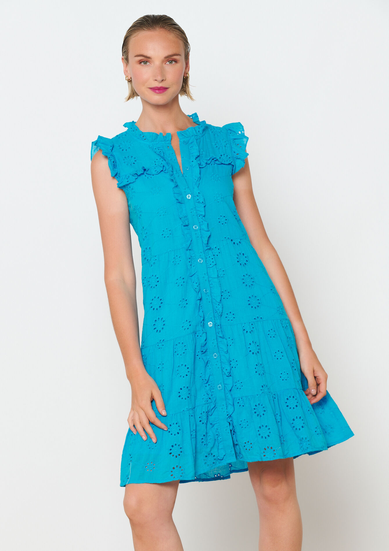 Jurk met broderie anglaise, Jurk met broderie anglaise - TURQUOISE - 08103645_1759