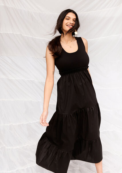 Popeline jurk met geribbelde top - BLACK - 08103635_1119