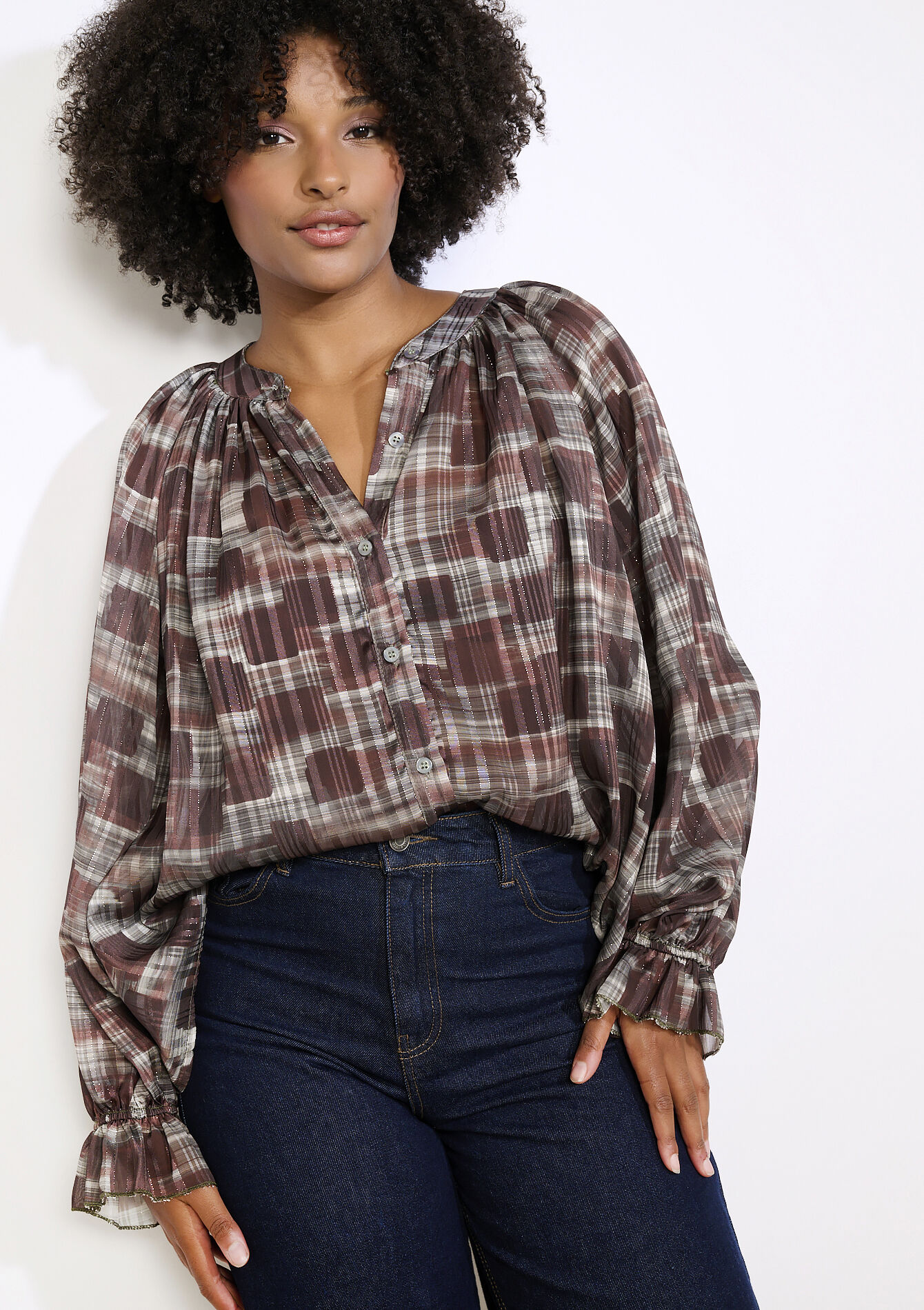 Losvallende blouse met ruiten, Losvallende blouse met ruiten - BROWN DARK CHOCOLATE - 05702998_3720