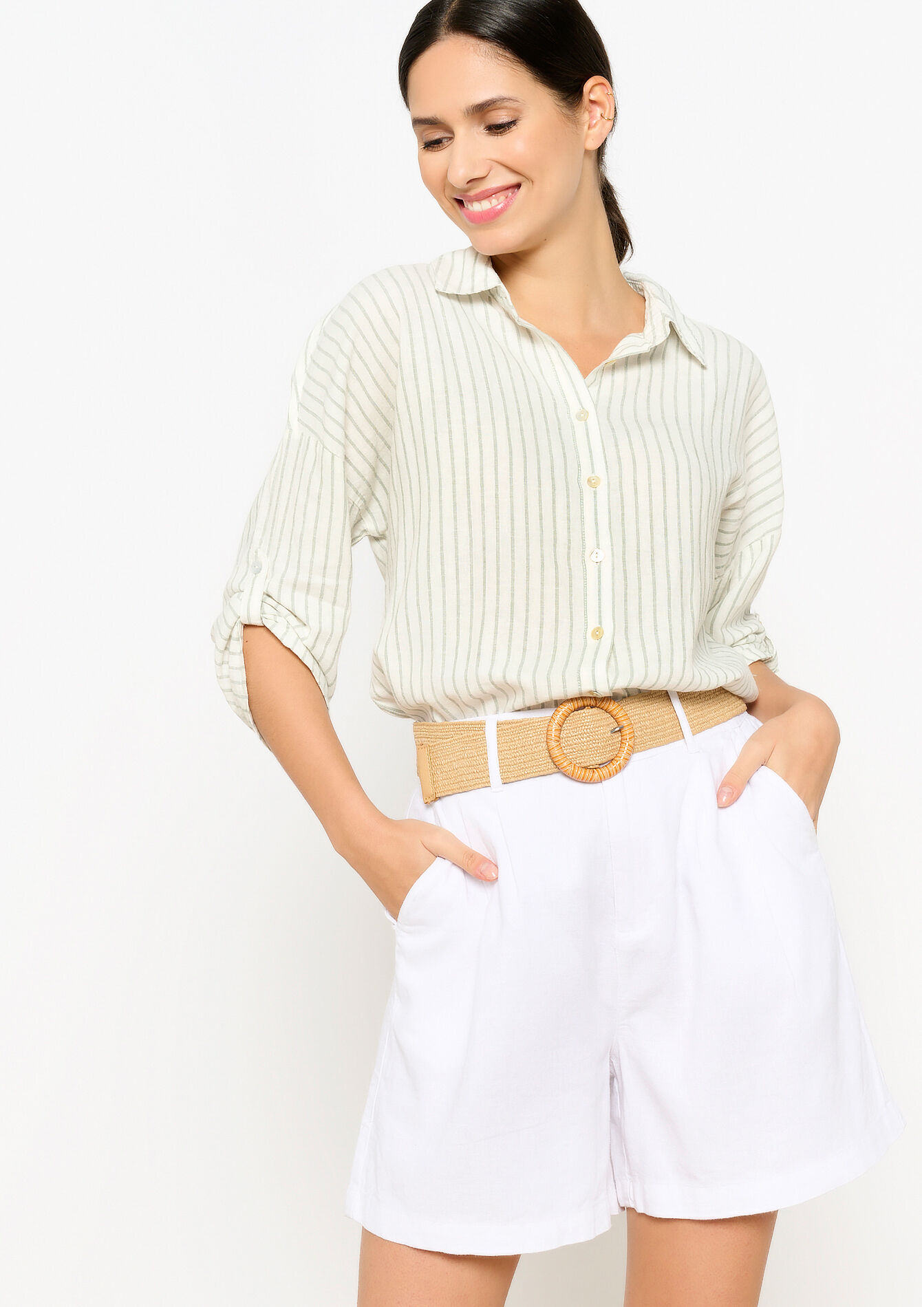 Linnen hemd met streepjes, Linnen hemd met streepjes - KHAKI FADED - 05702570_4326