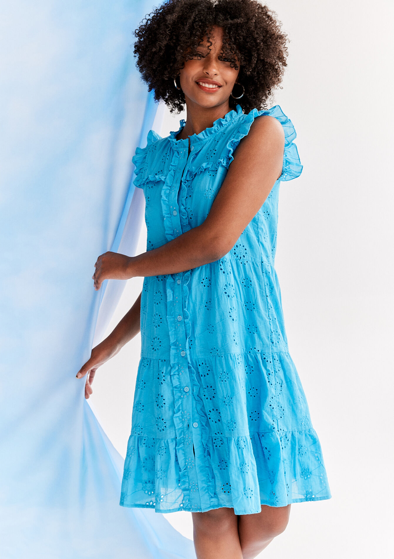 Jurk met broderie anglaise, Jurk met broderie anglaise - TURQUOISE - 08103645_1759