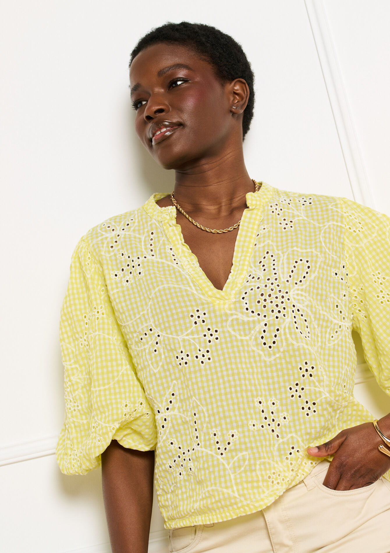 Geborduurde blouse wijde mouwen - YELLOW PASTEL - 05703071_5004