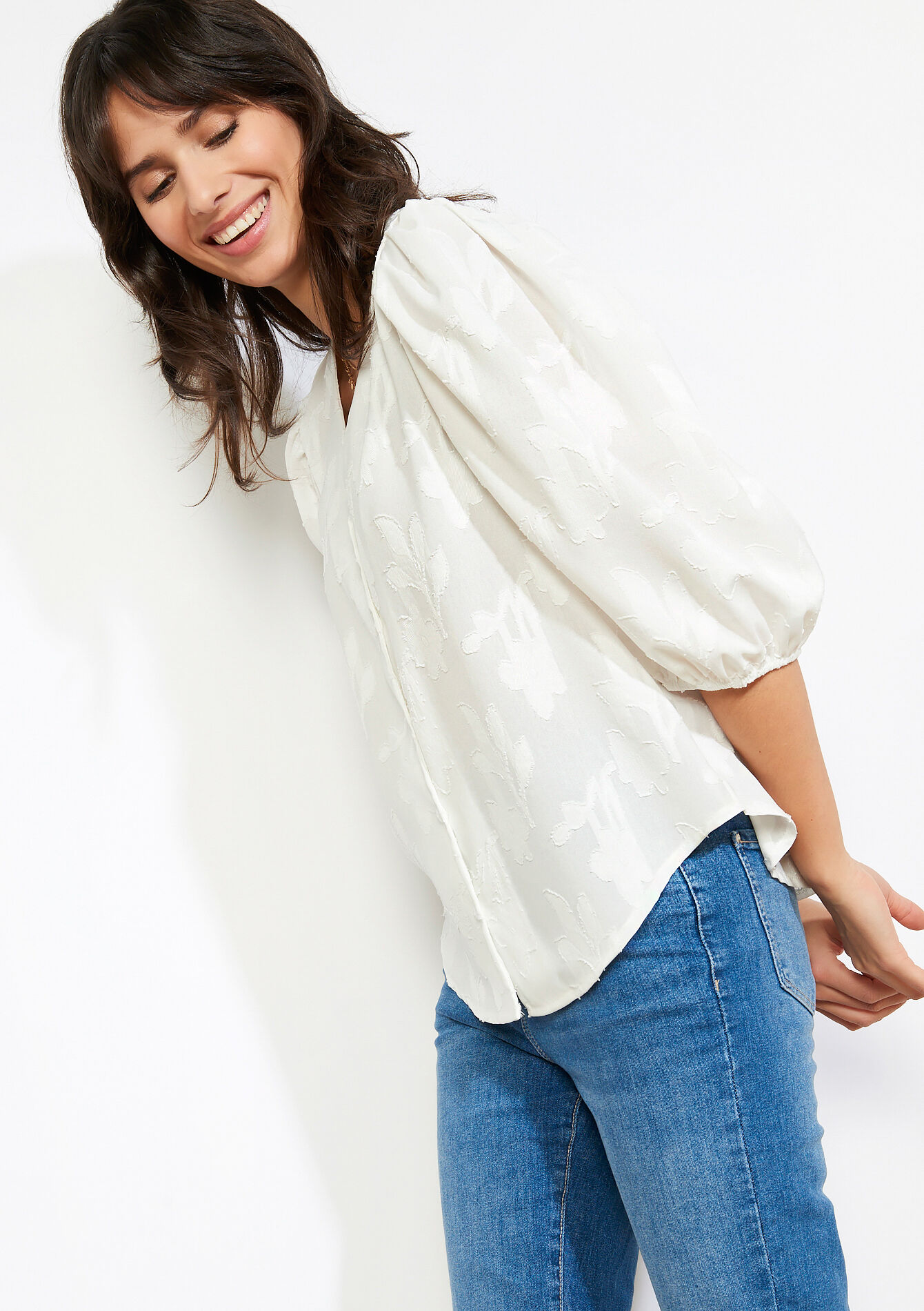 Losvallende jacquard blouse - OPTICAL WHITE - 05703043_1019