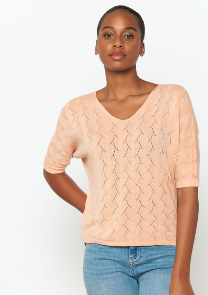 Open-knit pullover with V-neck - CORAL PINK  - 04006483_1968