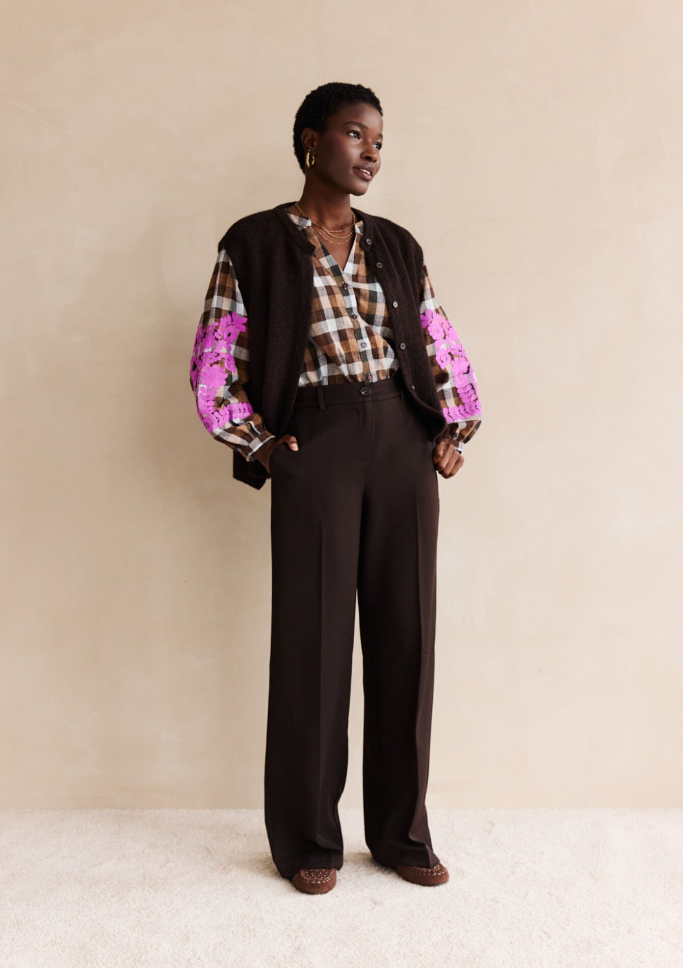 Wijde broek in twill, Wijde broek in twill, , back