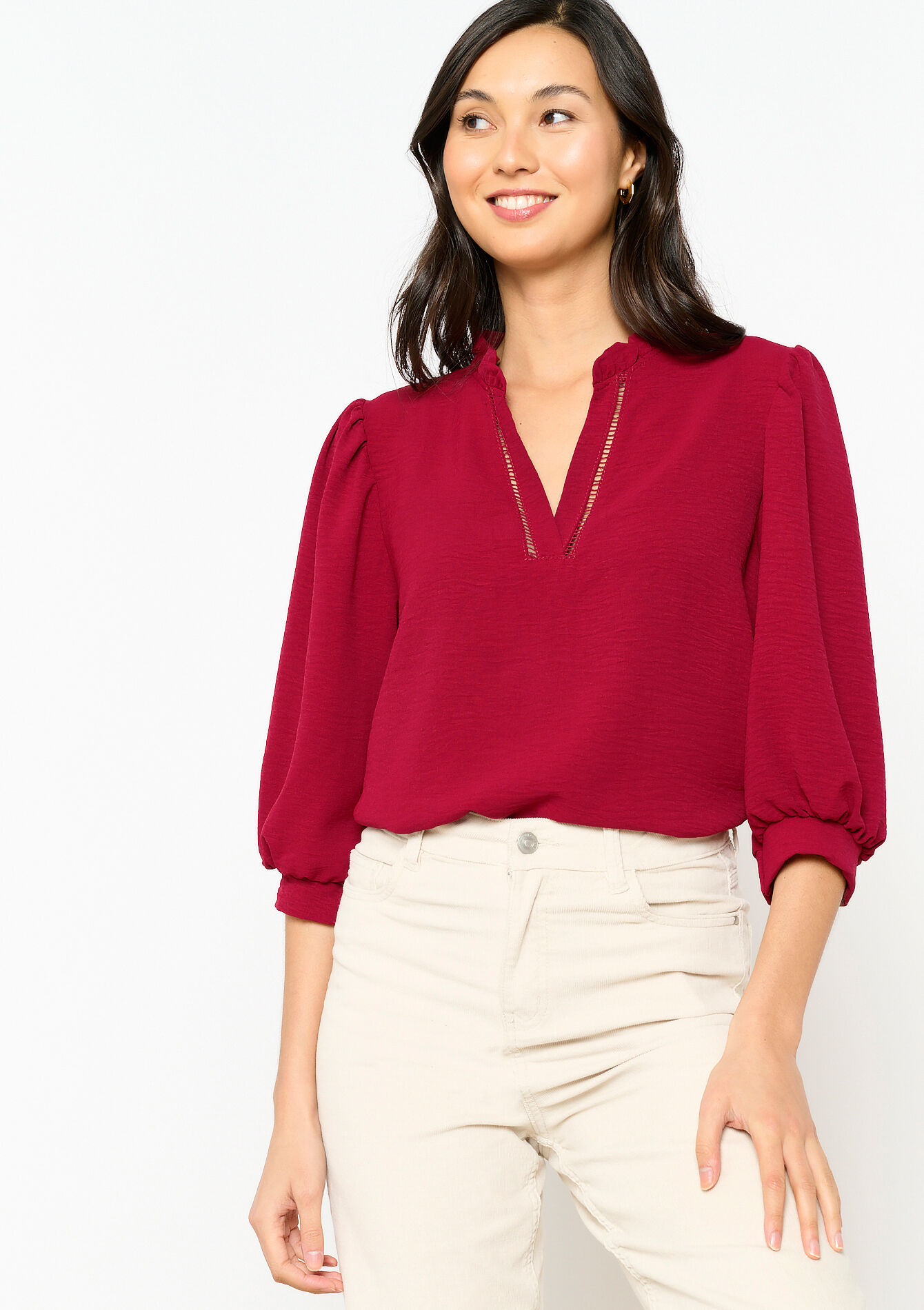 Blouse with puffed sleeves, Blouse with puffed sleeves - BORDEAUX - 05702292_1423