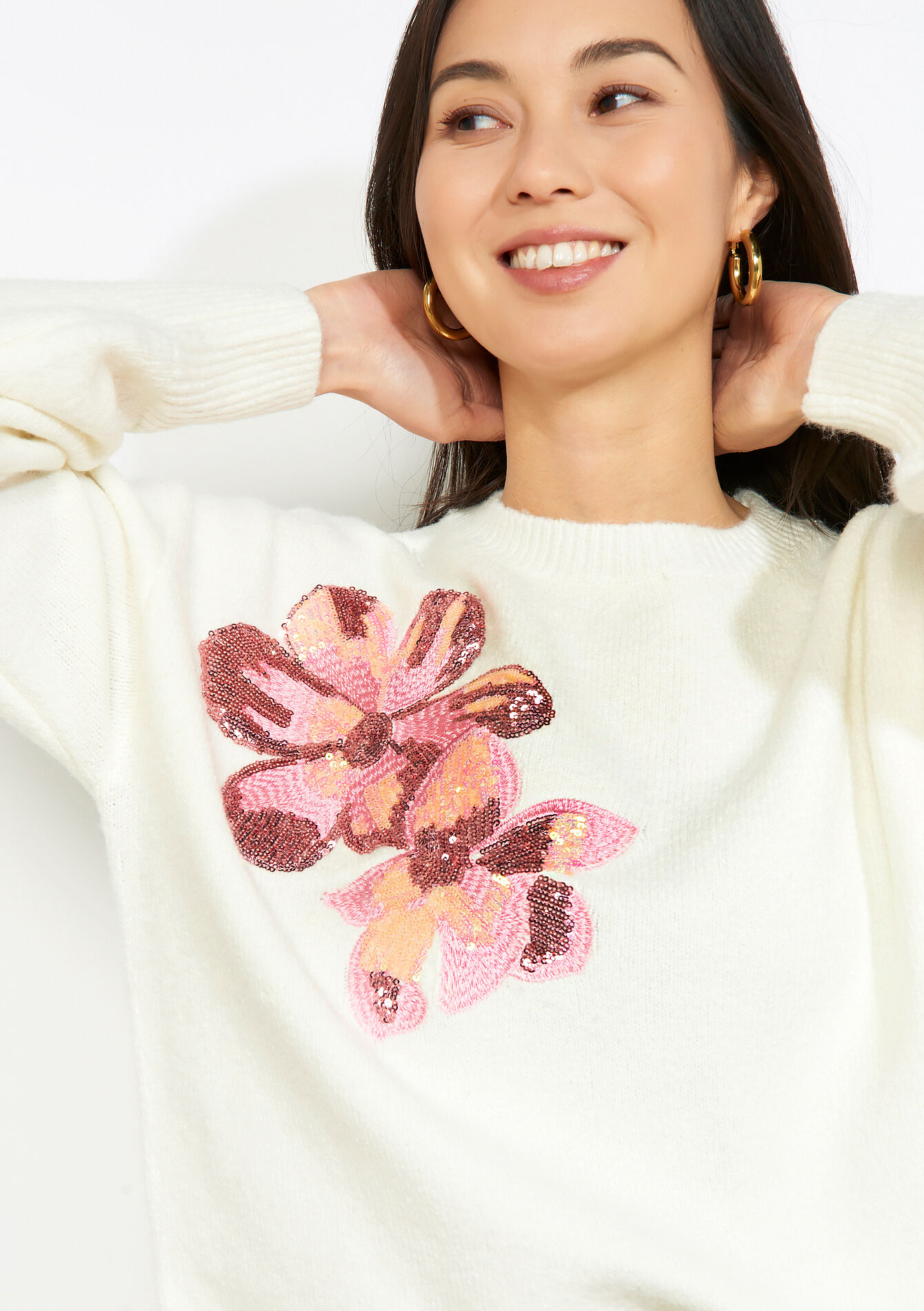 Trui met bloemenborduursel - VANILLA WHITE - 04007169