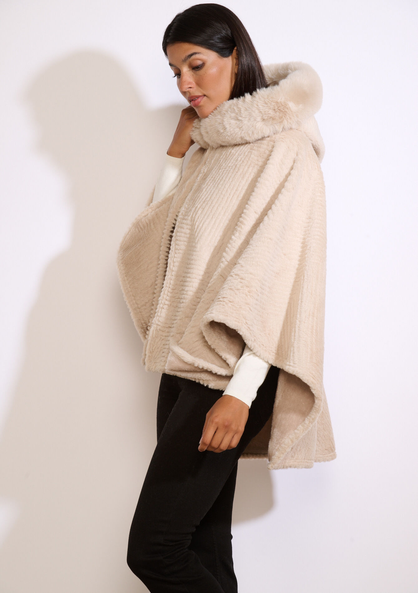 Hooded faux fur poncho, Hooded faux fur poncho - LT BEIGE - 17101370_2527